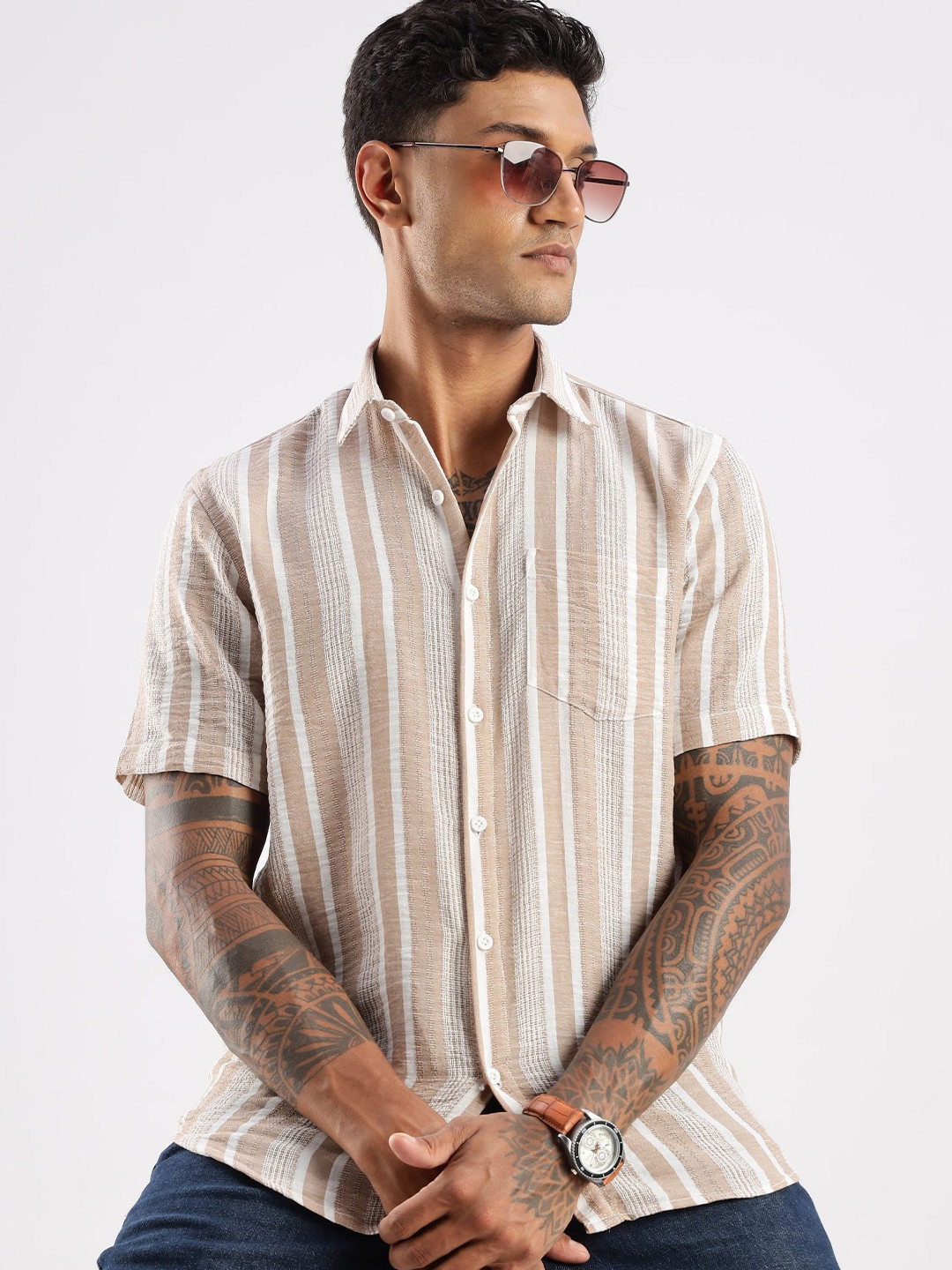 Beige & White Regular Fit Vertical Striped Casual Shirt