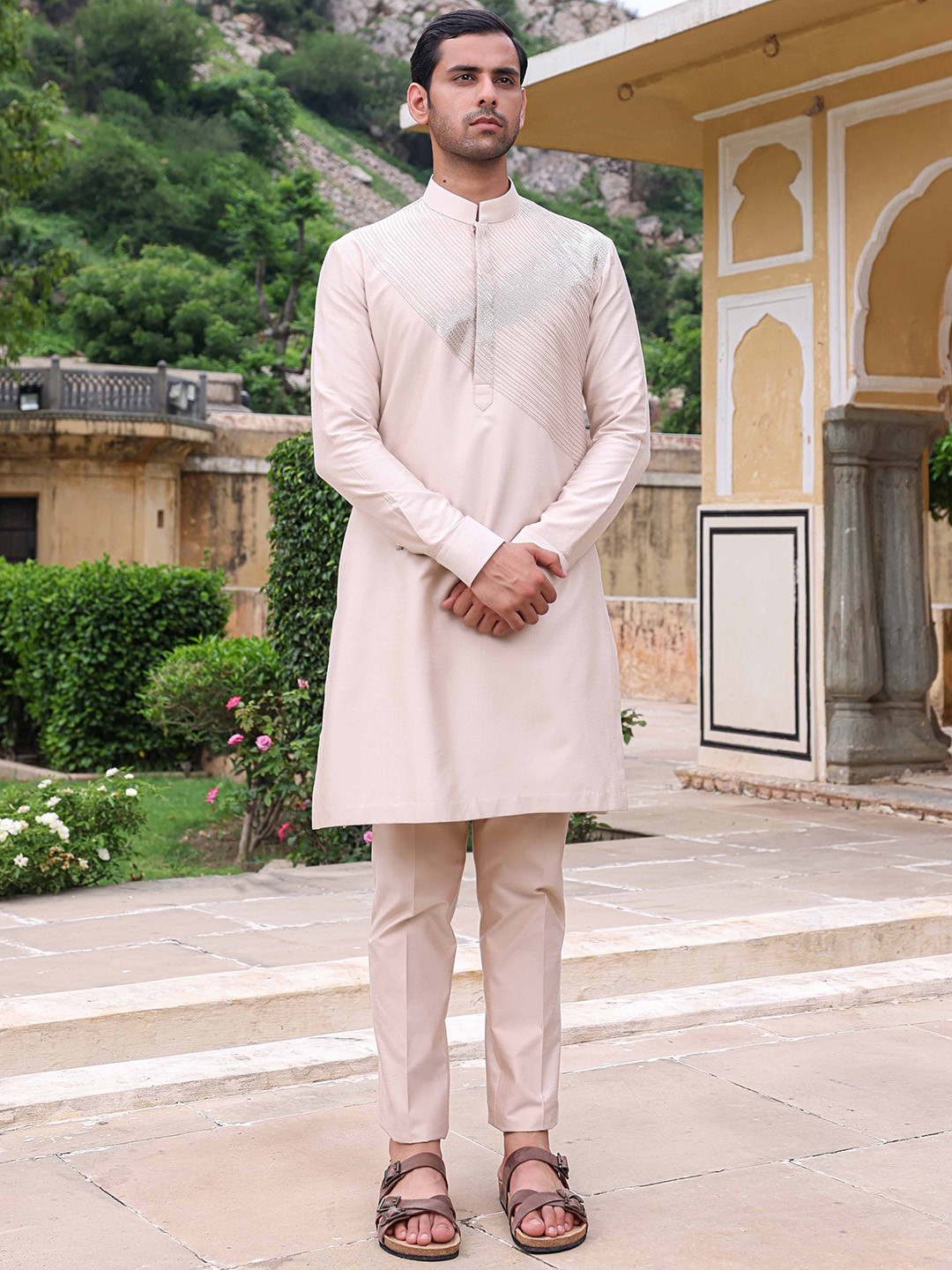 ABKASA Striped Self Design Mandarin Collar Pure Cotton Kurta with Trousers