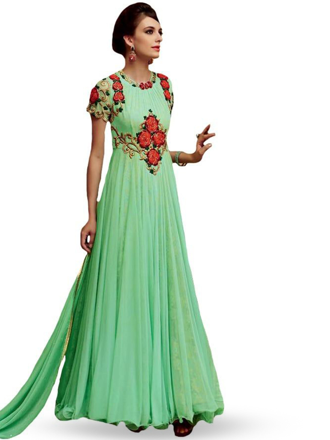 Exotic India Women Floral Embroidered Gown Maxi Dress
