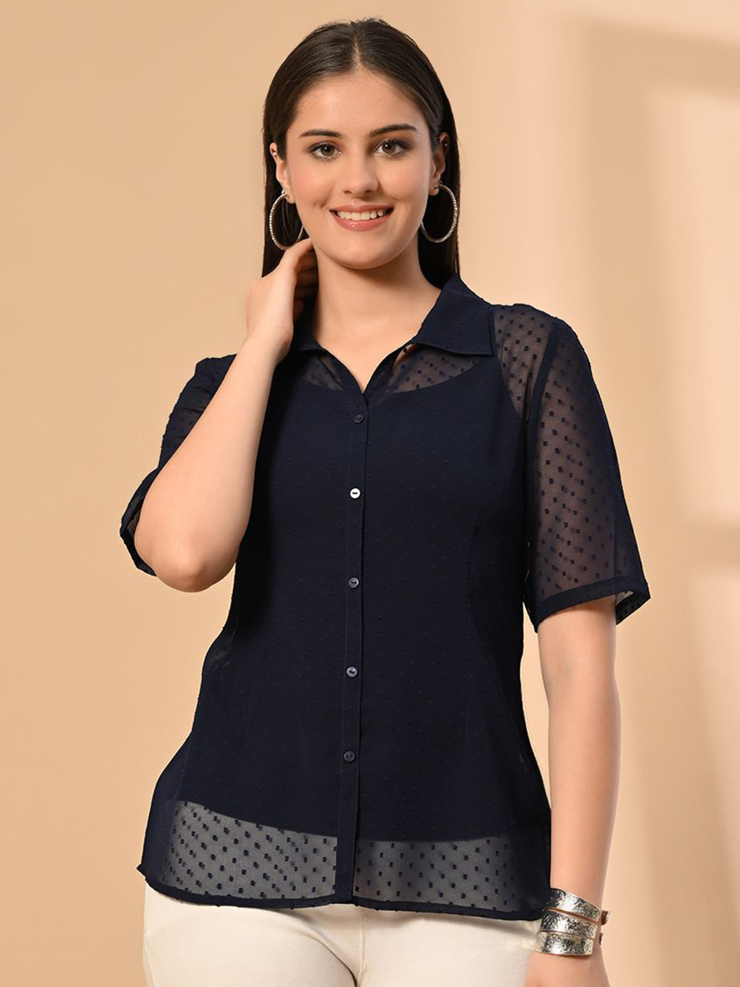 MEESAN Women Self Design Shirt Style Top