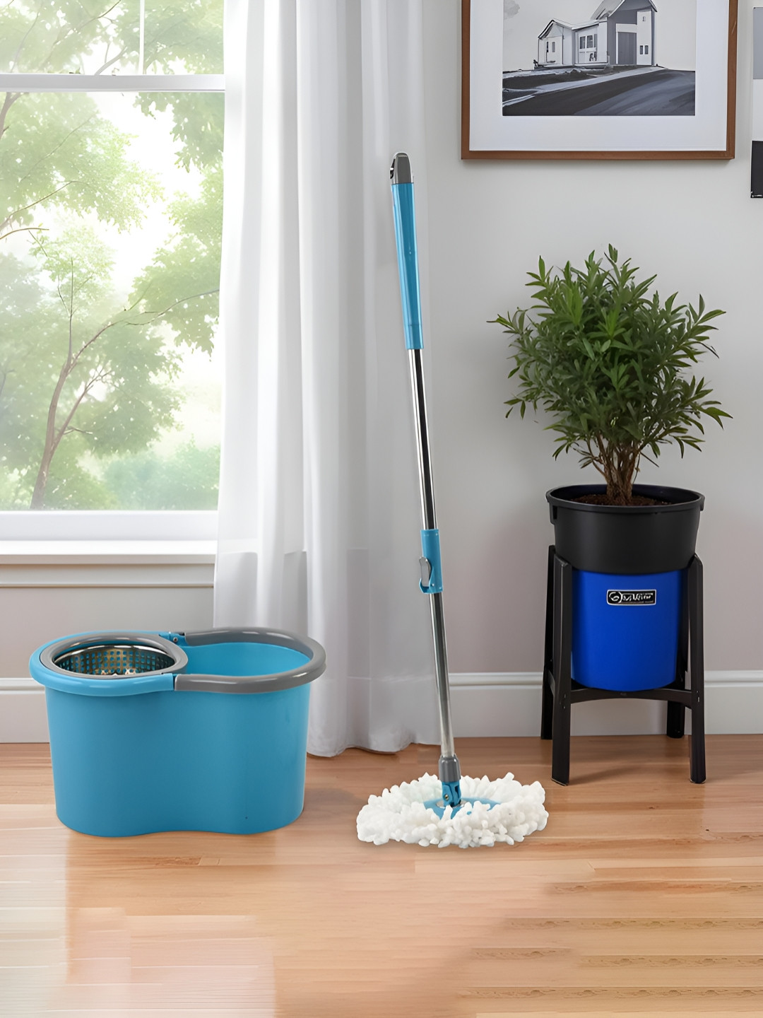 Myntra Elegant Homes Blue Stainless Steel Wringer Mopping Bucket With 2 Refills