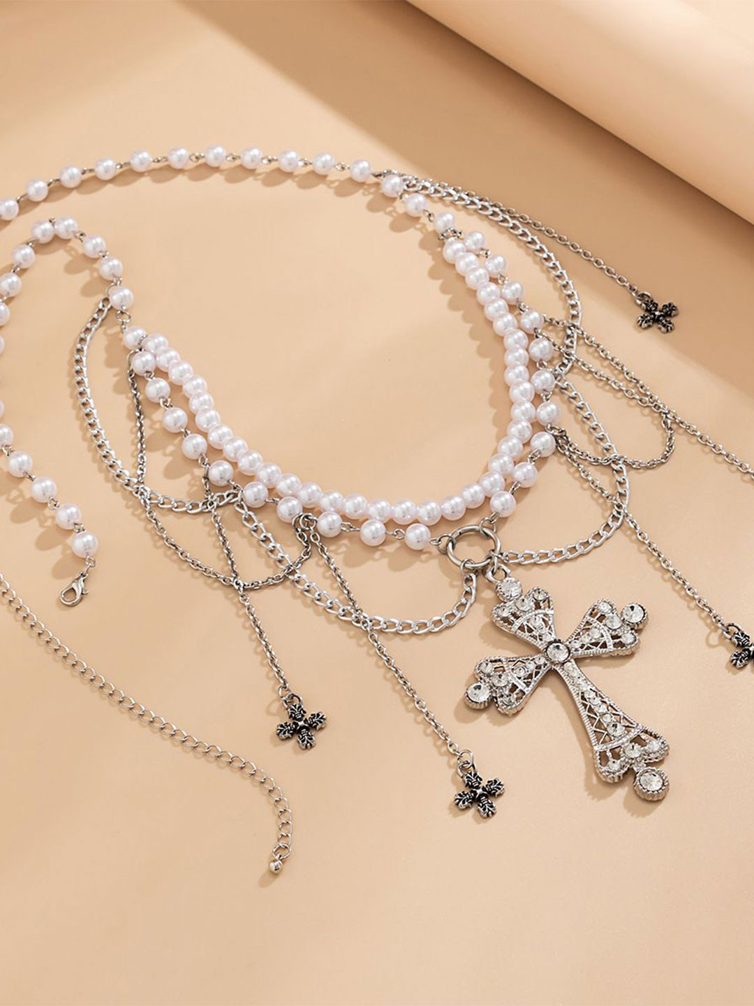 StyleCast x Revolte Silver-Plated Stones Studded & Pearls Beaded Layered Body Chain