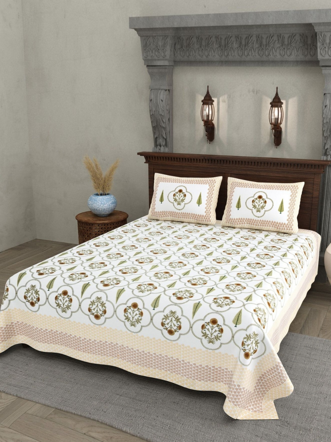 JAIPUR PRIME White Floral Cotton 200 TC Queen Superfine Bedsheet with 2 Pillow Covers-108 x 90 inches