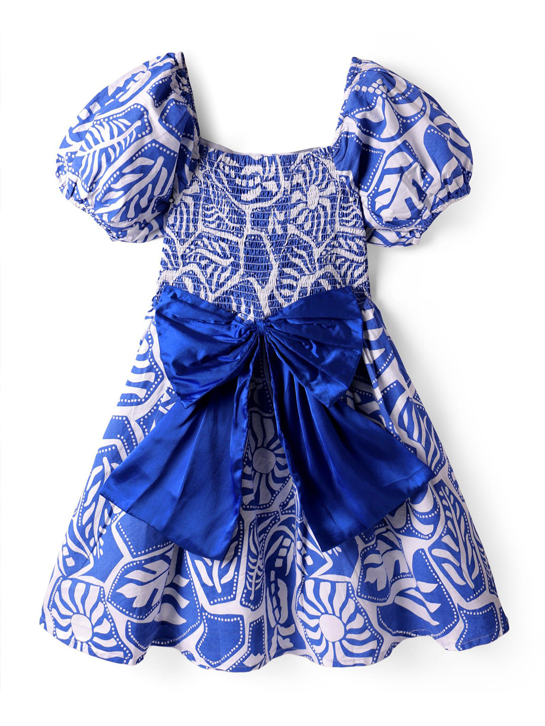 ARIAS By LARA DUTTA Girls Printed Smocked & Bow Detail Cotton Fit and Flare Dress