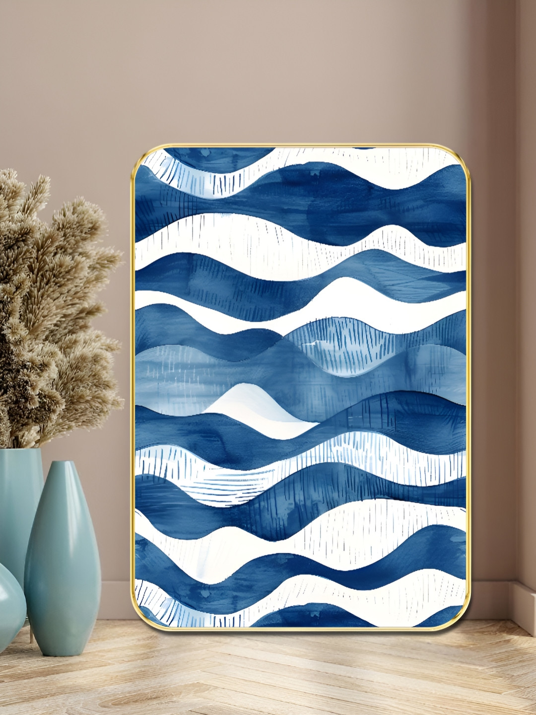 SAF Gold-Toned & Blue Abstract Ocean Waves Sparkle Wooden Wall Art