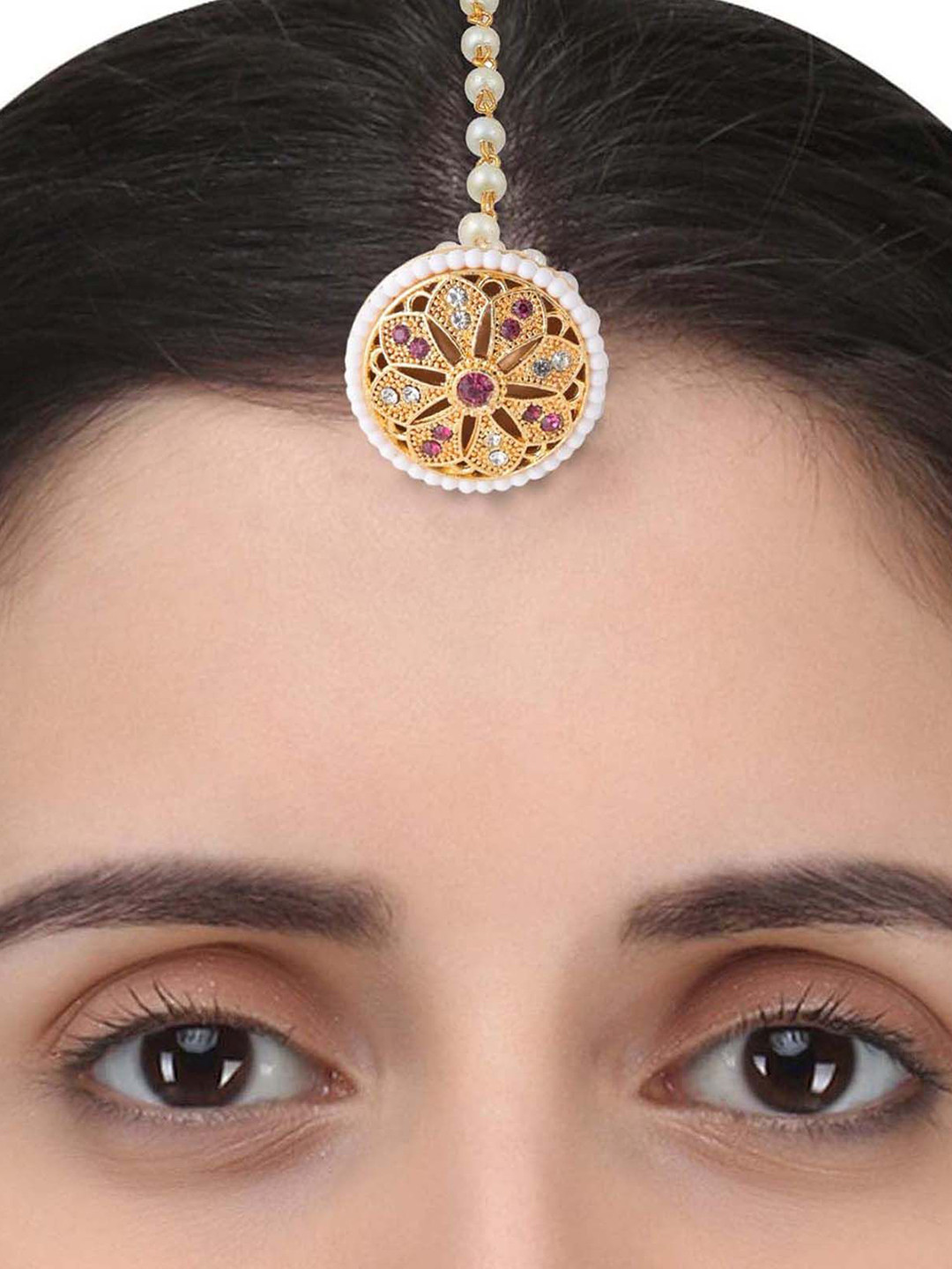 VAMA Women Embellished Gold-Plated Floral Beads & Stone Maang Tikka