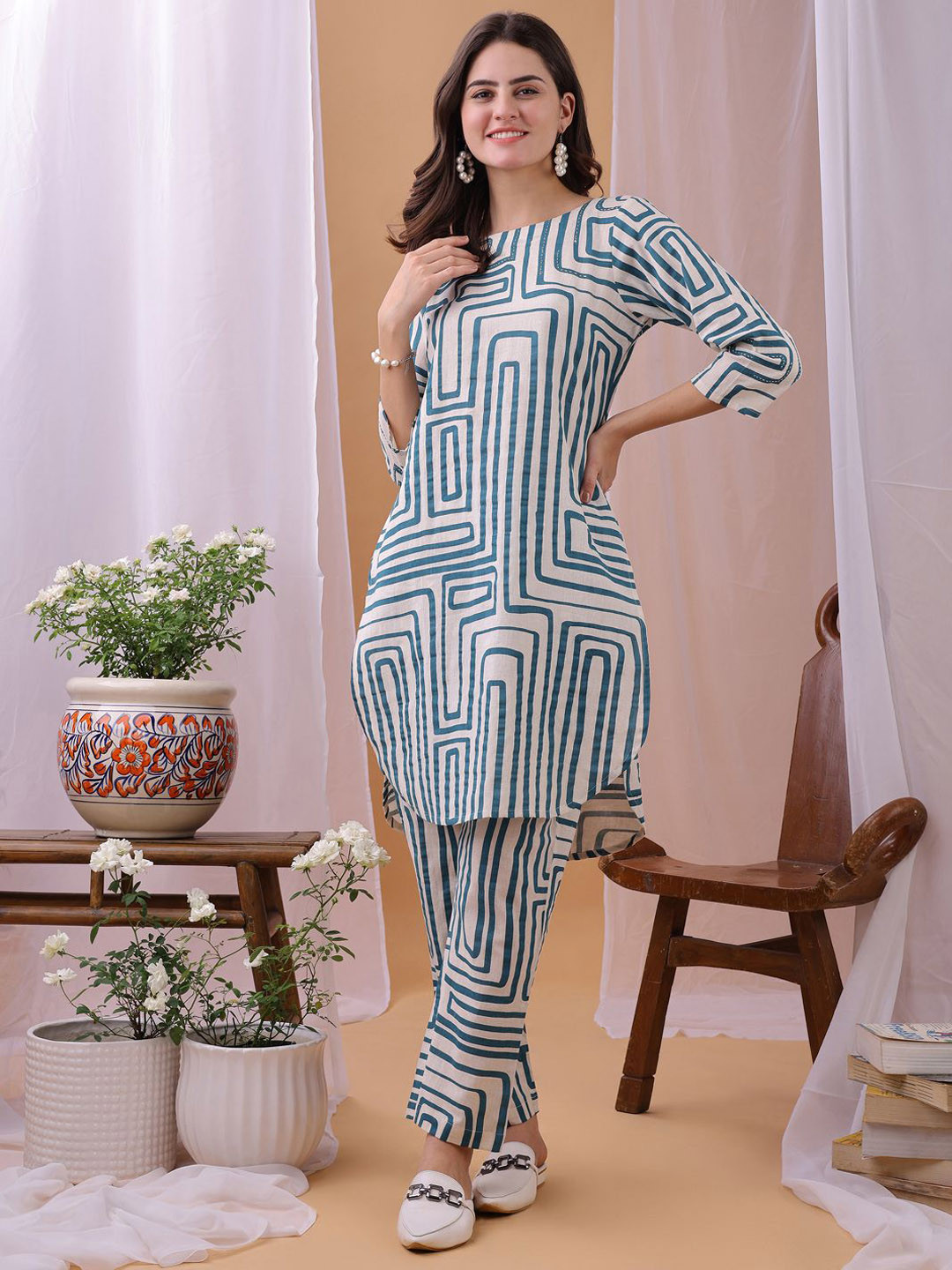 KALINI Geometric Printed Pure Flex Cotton Co-Ords