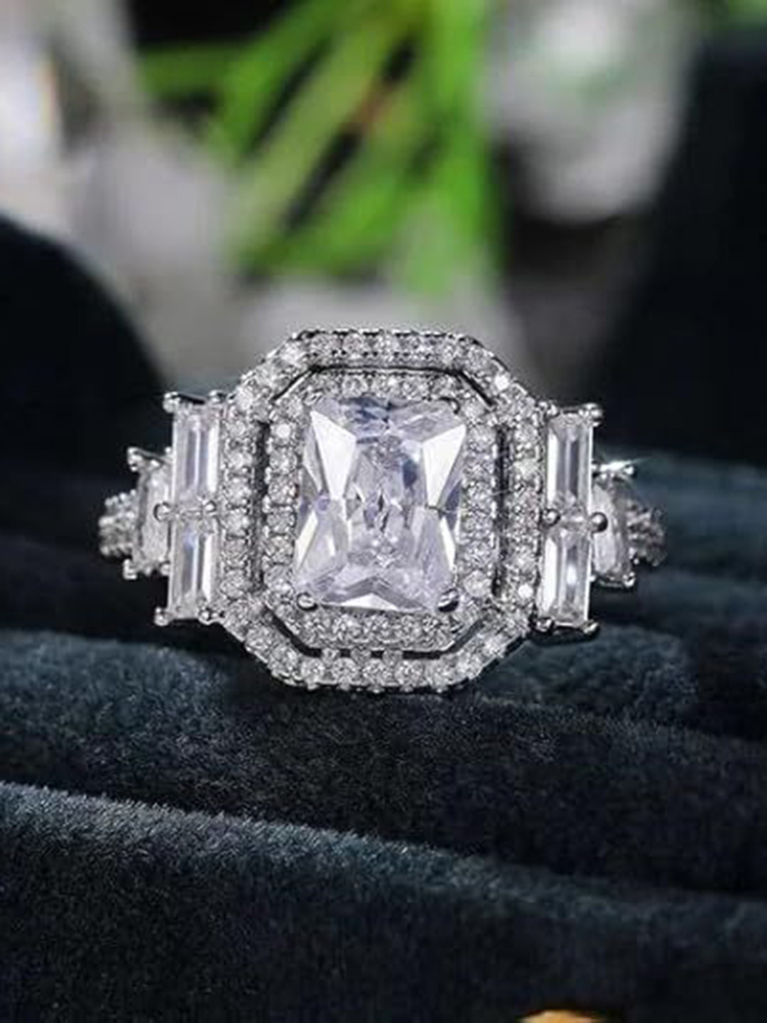 ISHI New York Women Rhodium-Plated Cubic Zirconia-Studded Princess Cut Finger Ring