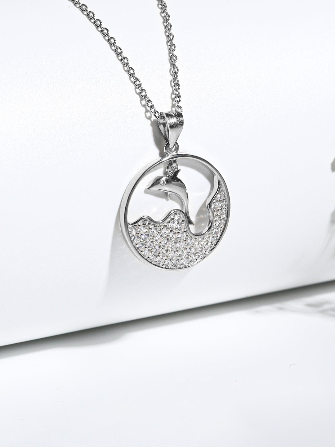 GIVA 925 Sterling Silver Rhodium-Plated CZ Studded Circular Dancing Dolphin Pendants