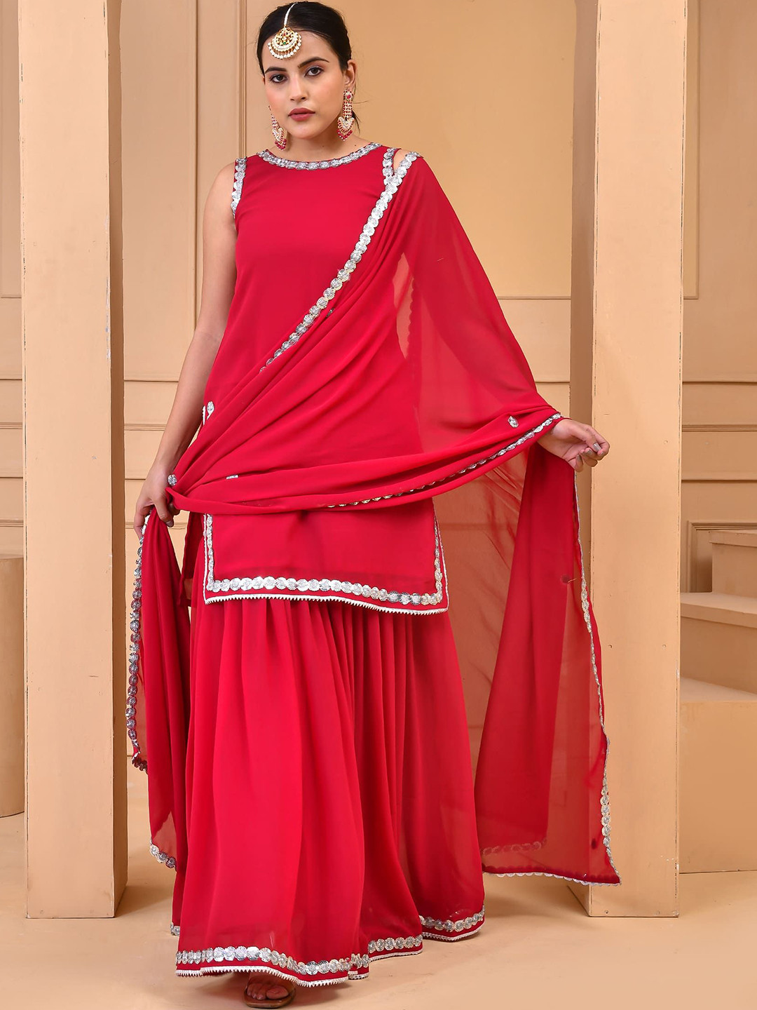 Bannhi by Priyanka Rathore  Jazzberry Round Neck Sleeveless Gotta Patti Straight Kurti & Sharara With Dupatta