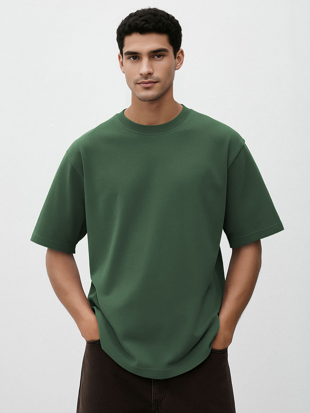 WHITE HUSK Men Solid Sage Green Round Neck Cotton Oversized T-shirt