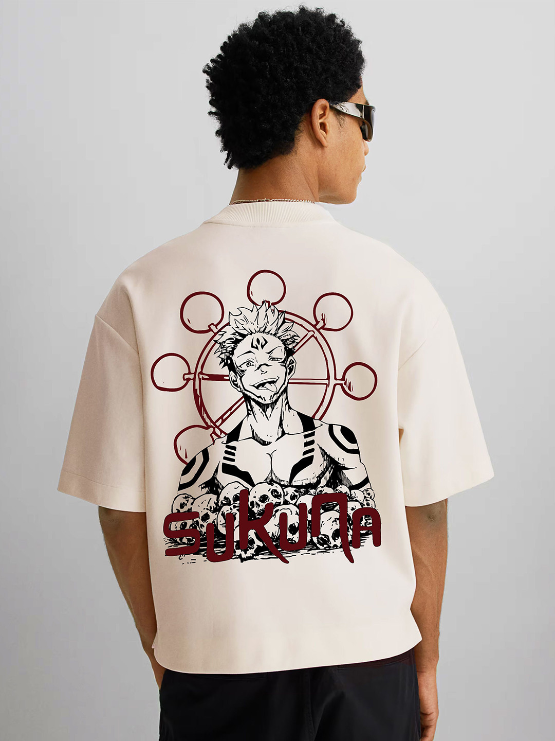 WHITE HUSK Sukuna Jujutsu Kaisen Anime Printed Round Neck Cotton Oversized T-shirt