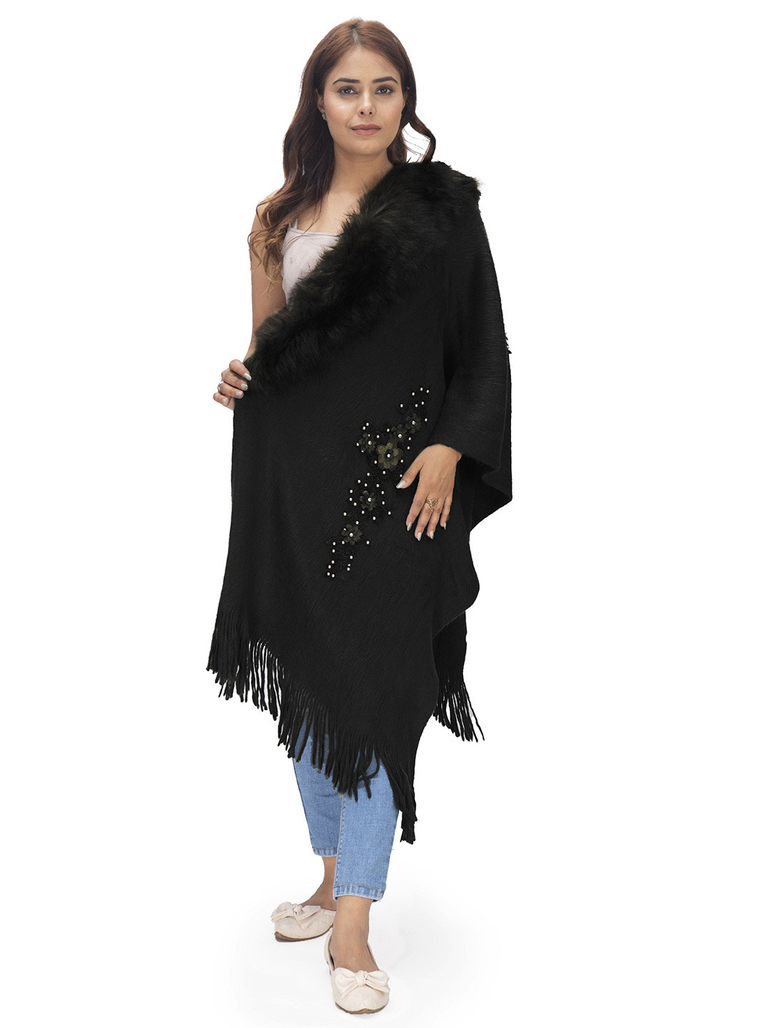 Manra Women Solid Cashmere Wool Stole with Floral Embroidery