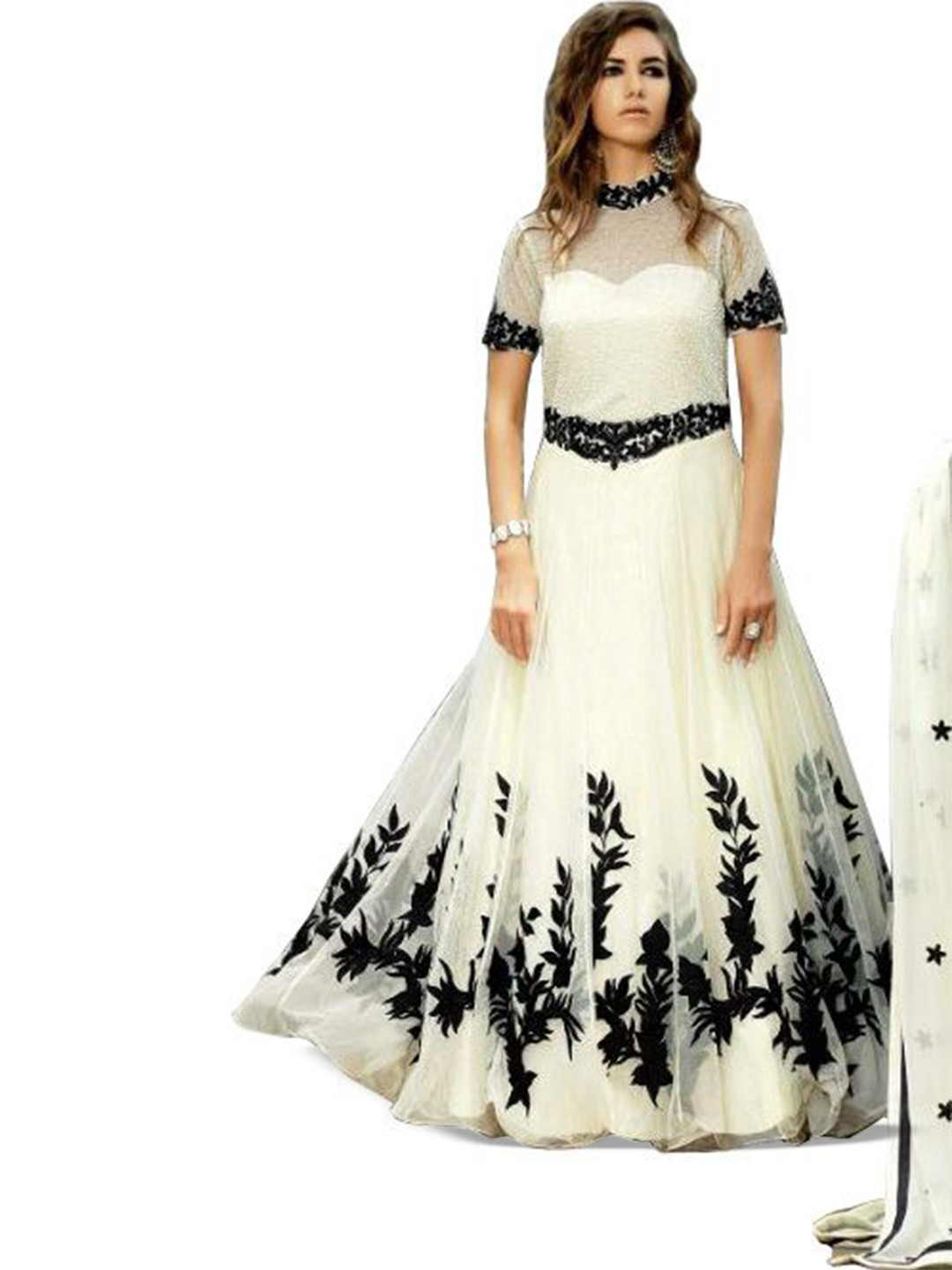 Exotic India Women Floral Embroidered Net Gown With Dupatta