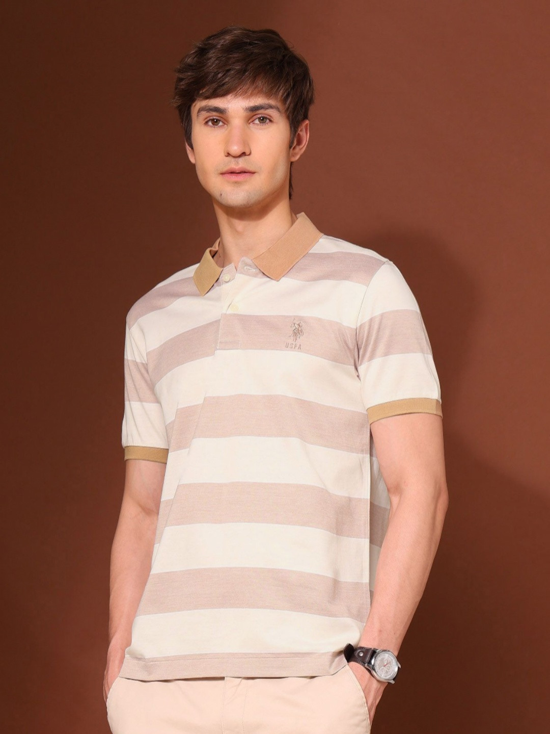 U.S. Polo Assn.Striped Printed Polo Collar Pure Cotton T-shirt