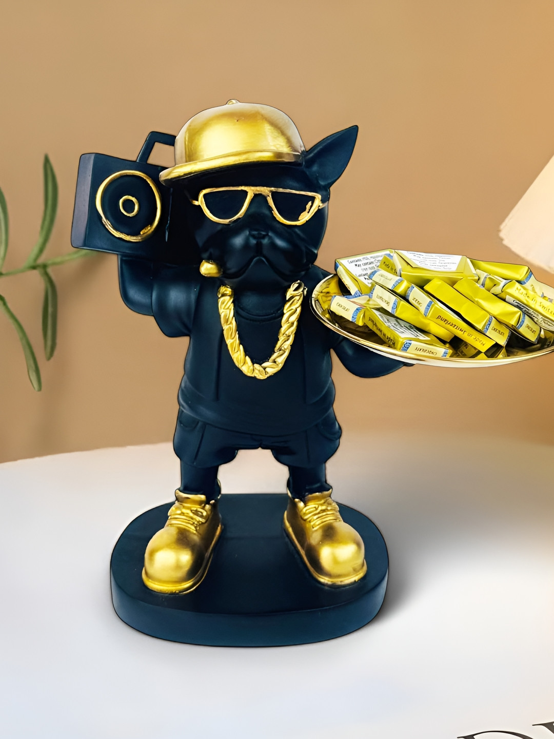 Go Hooked Rapper Dog Black Polyresin Glossy Living Room Medium Showpiece - 12.6 Inches