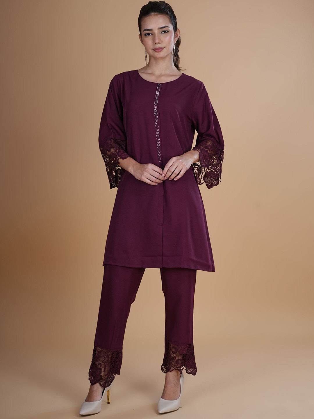 Dreambe Adults-Women Maroon Cotton Blend Co-ord set