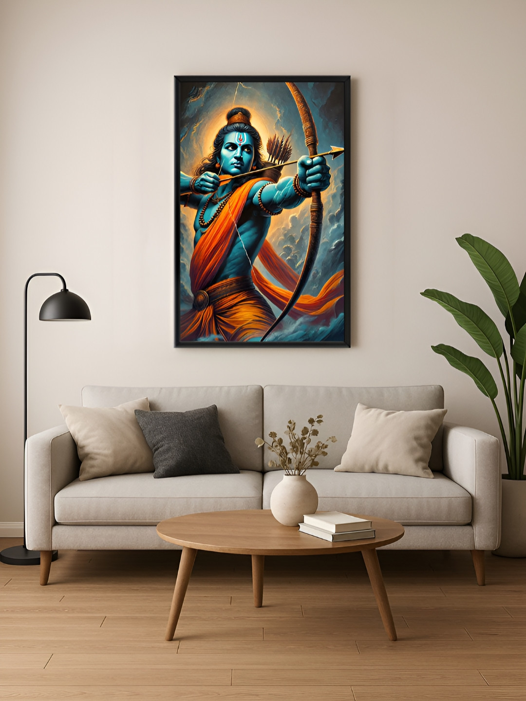 999Store Blue & Orange Lord Rama With Bow Canvas Wall Art