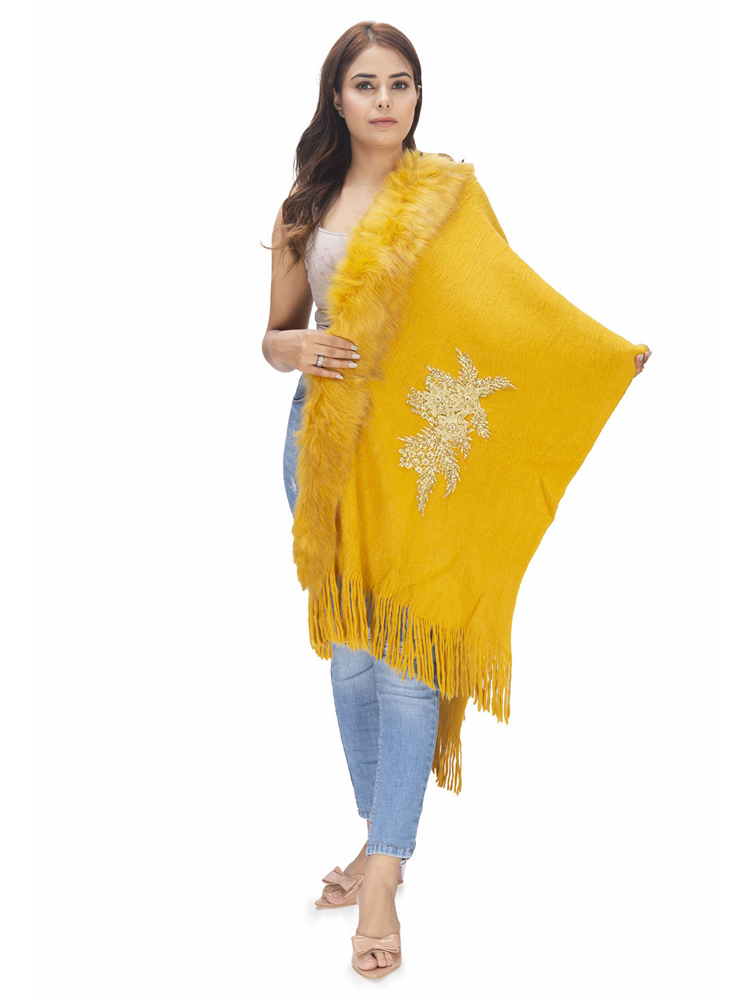 Manra Women Embroidered Wool Stole with Fur Ball Charms  Wedding