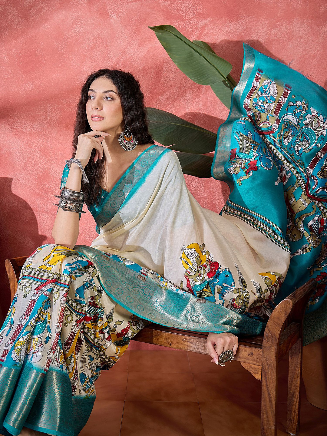 Sangria Kalamkari Printed Woven Design Zari Border Saree With Unstitched Blouse