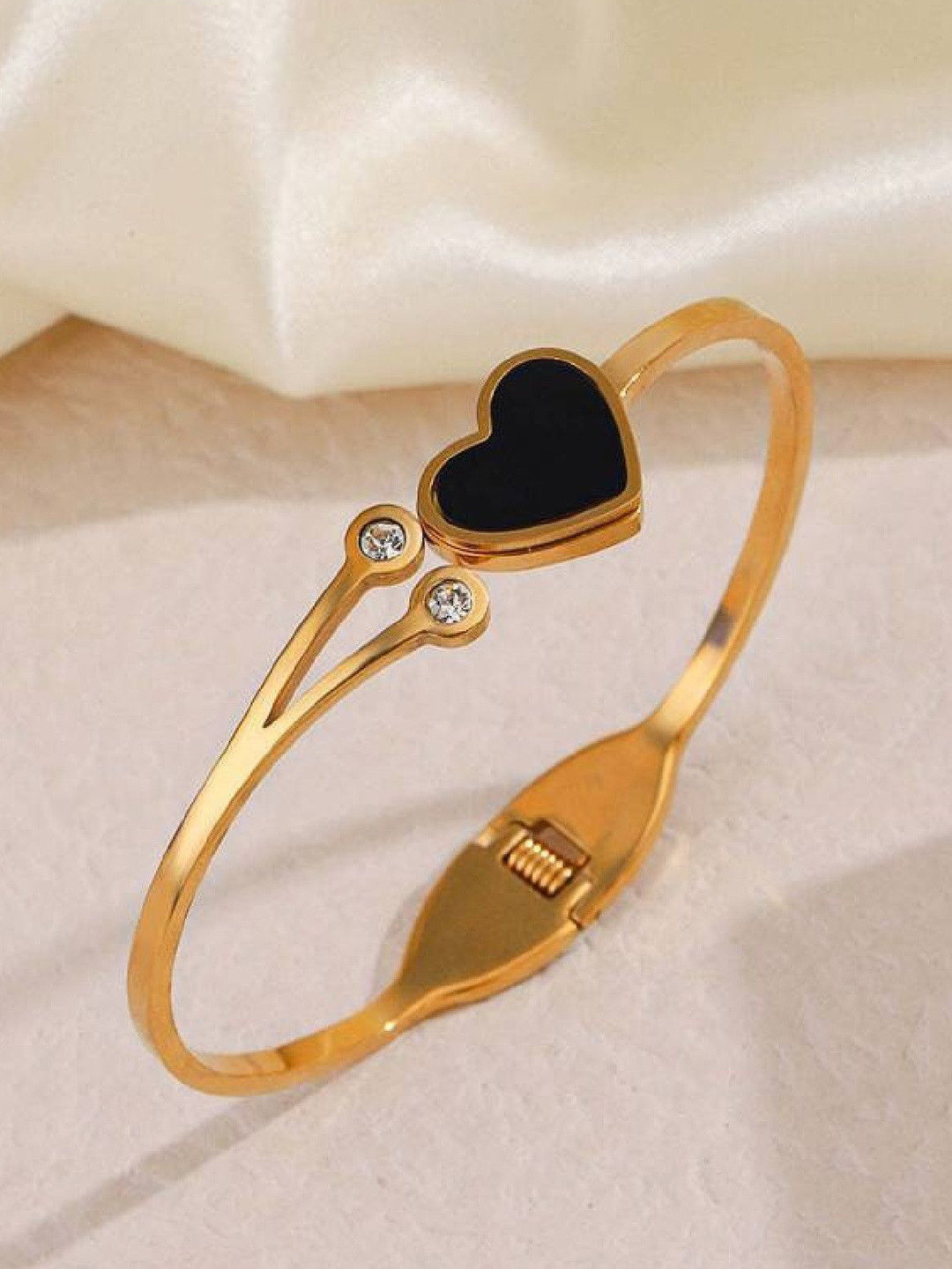 Crazy Fashion Stainless Steel Artificial Stones Studded Heart Cuff Bracelet