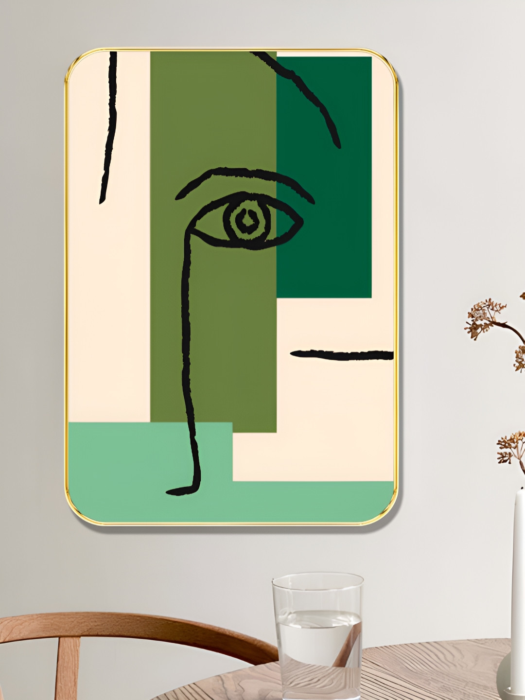 SAF Off White & Green Minimalist Line Printed Wall Art