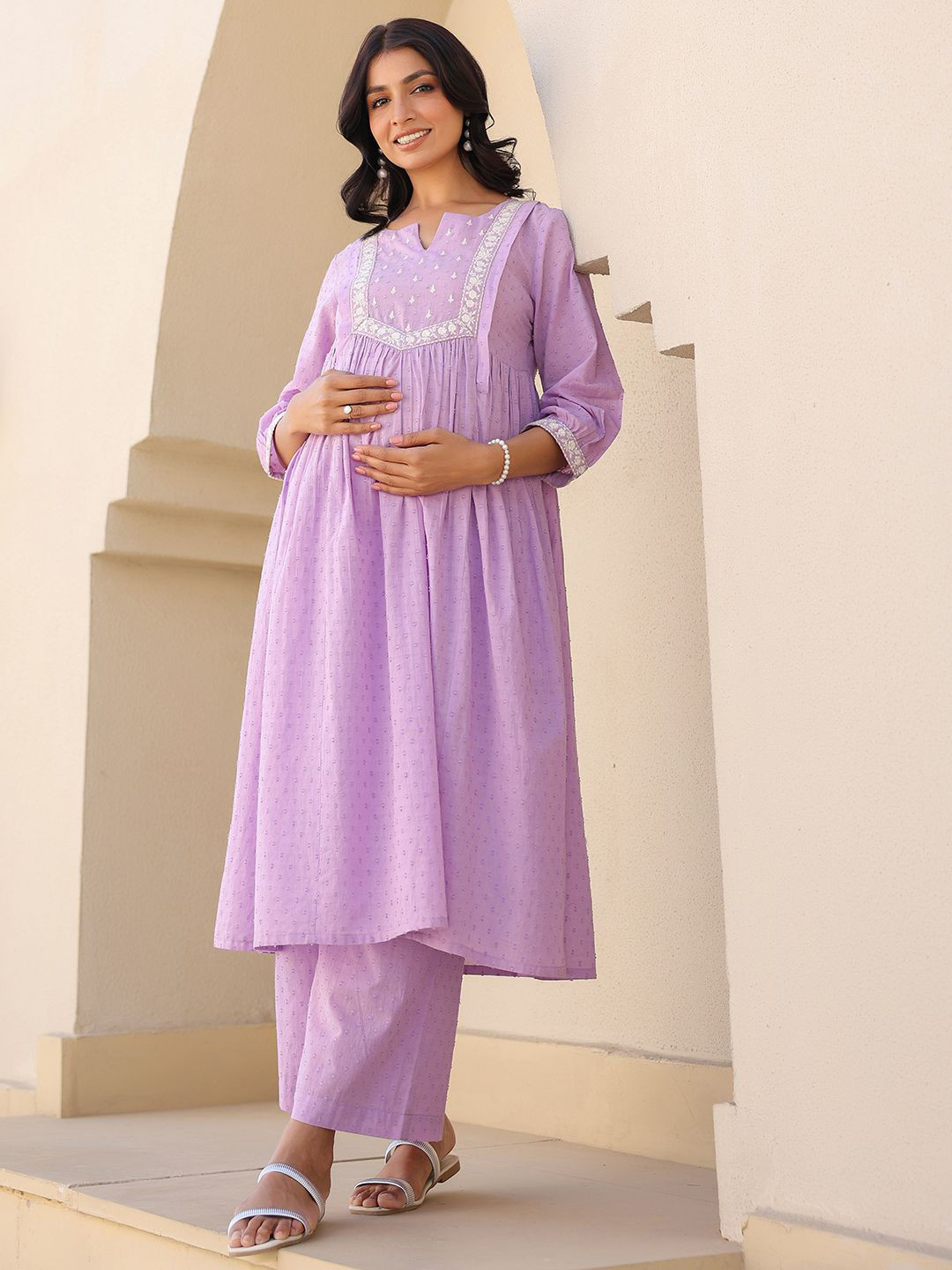 Janasya Women Lavender Dobby Pure Cotton Yoke Embroidered A-line Maternity Kurta Pant Set