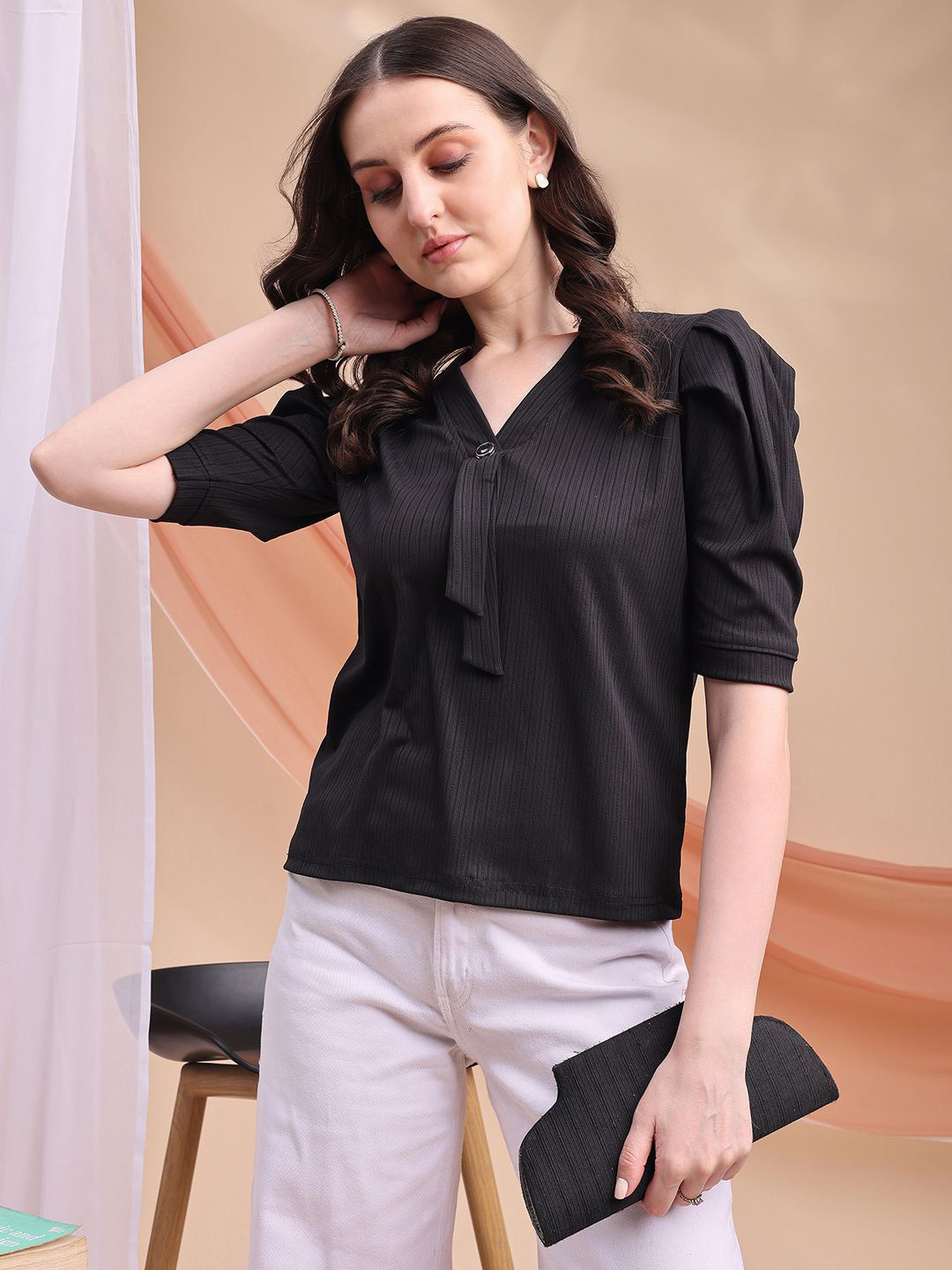 Kinjo Women Solid Waist Tie-Ups Regular Top