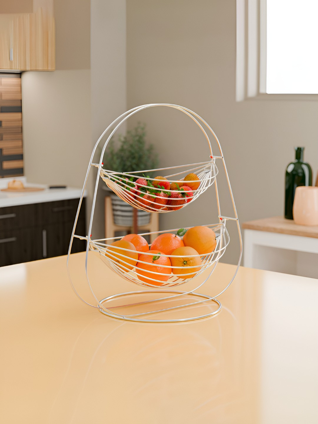 Myntra Elegant Homes Silver-Toned Stainless Steel 2-Tier Swing Fruit and Vegetable Basket