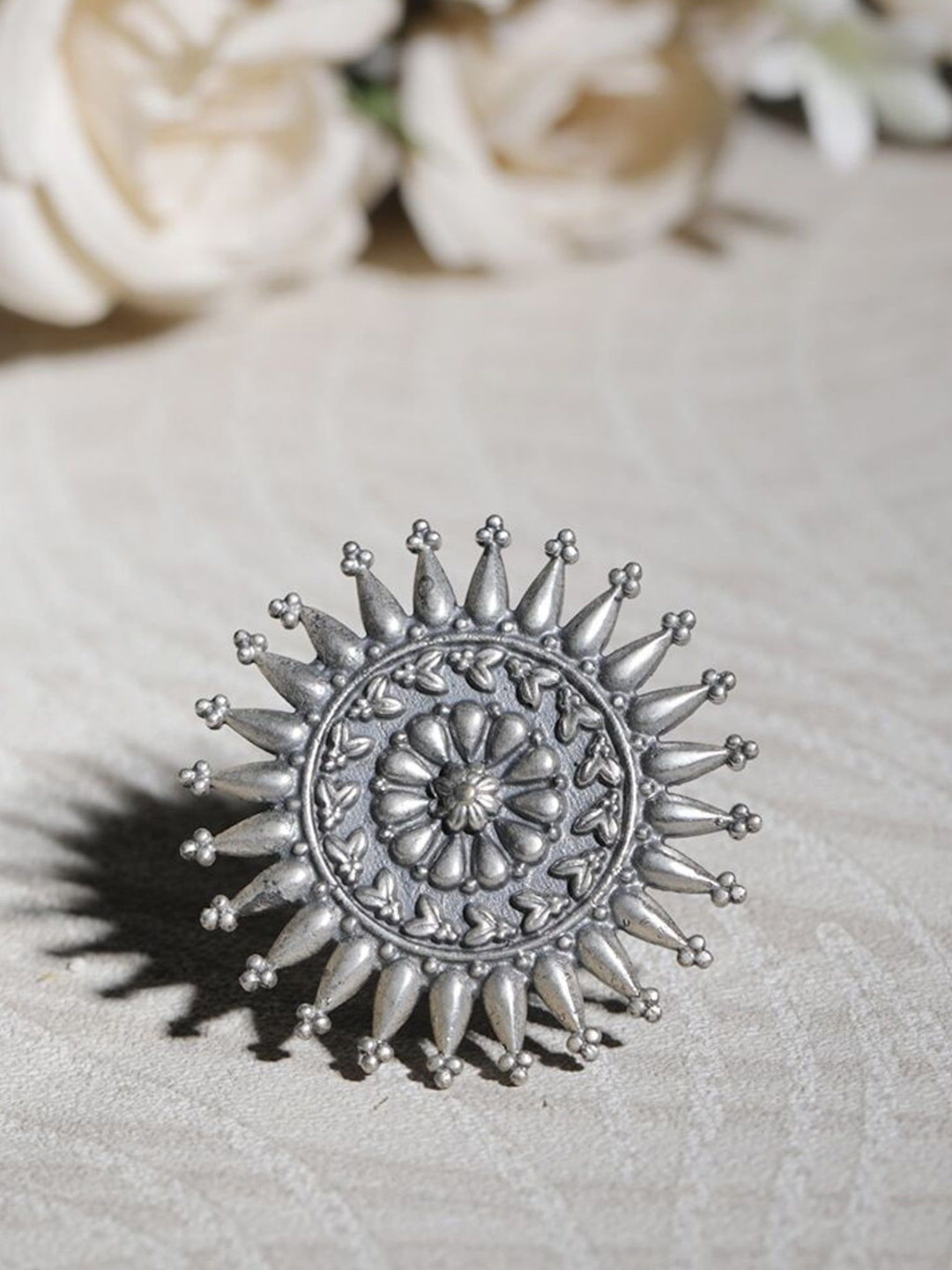 Dulcett Silver-Plated Round Shape Oxidized Gothic Finger Ring