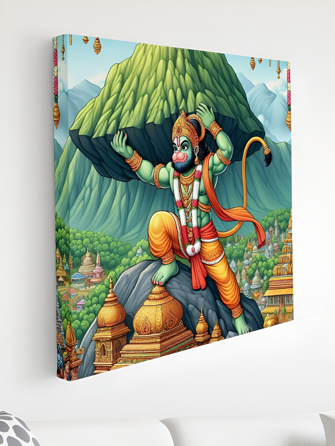 SAF Green & Orange Hanuman Lifting Sanjeevani Mountain Canvas Religious Wall Art