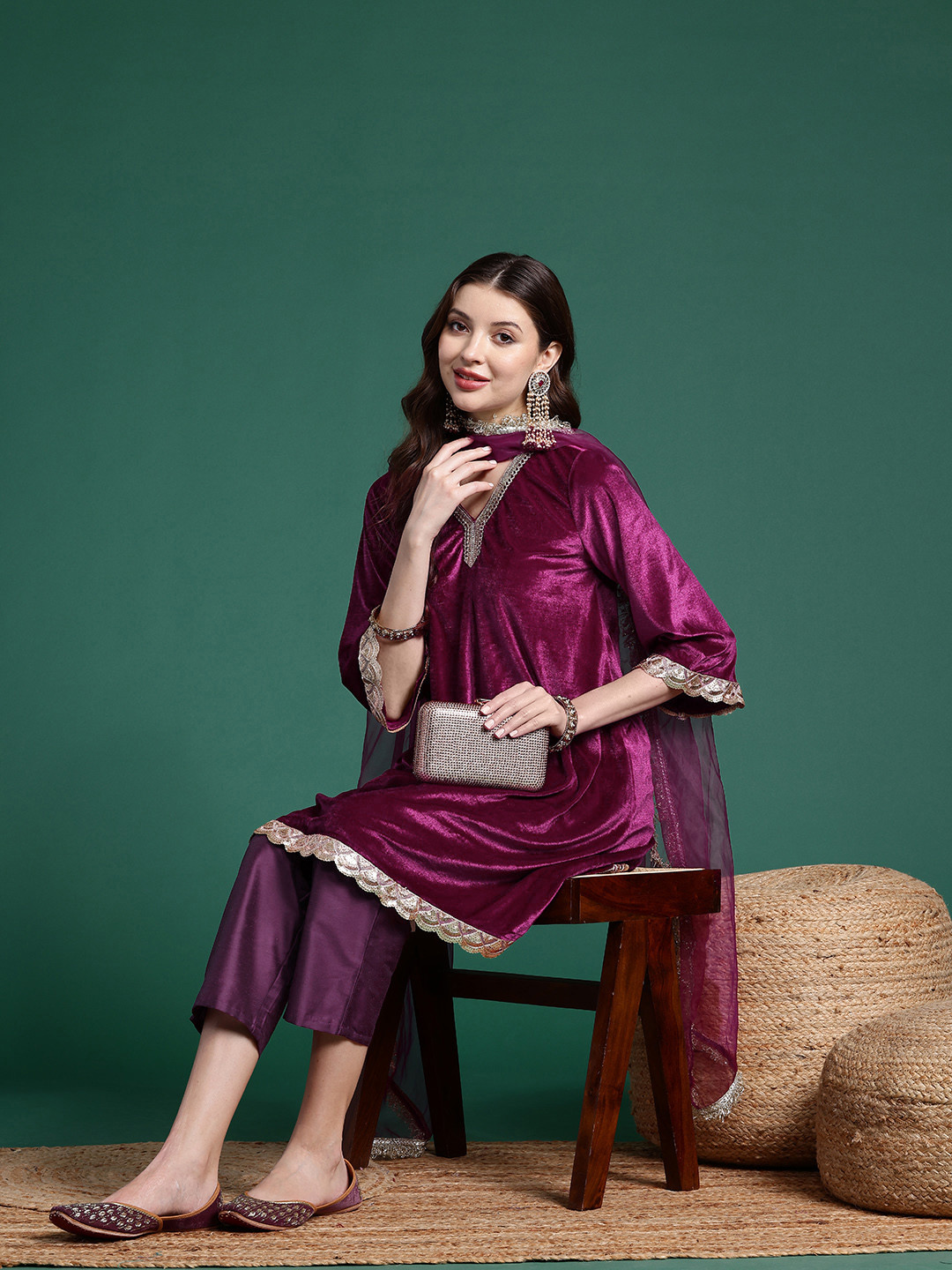 Sangria Velvet Kurta with Trousers & With Dupatta