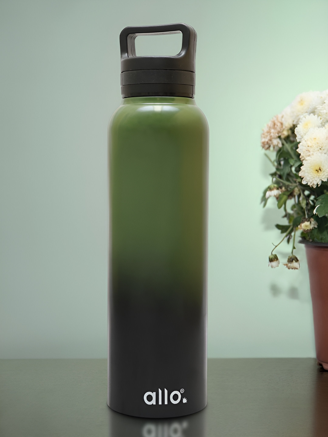 Allo Olive Green and Black Stainless Steel Leakproof Handle Cap Water Bottle 1000 ml