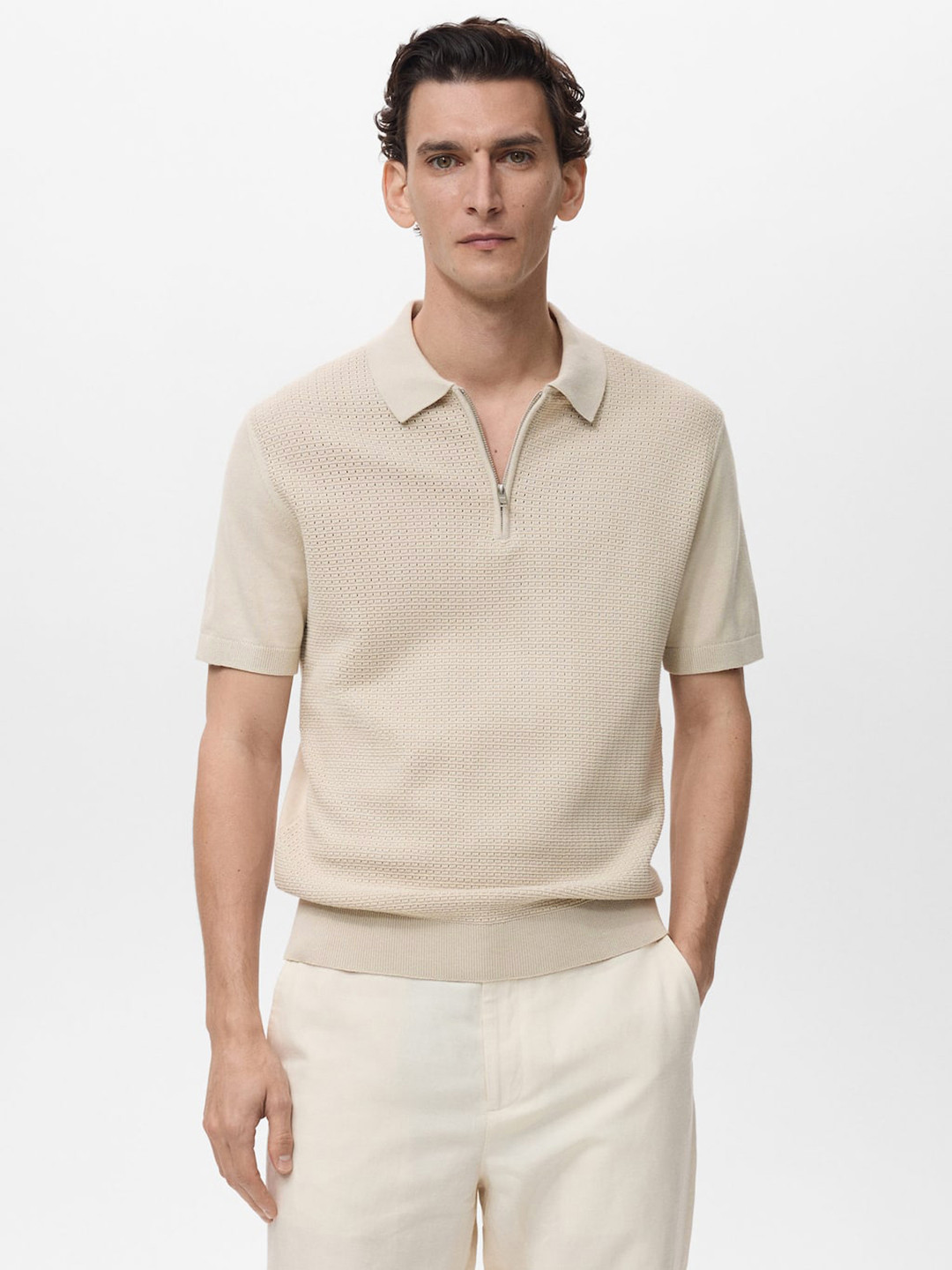 MANGO MAN Self Design Polo Collar Pure Cotton Knitted T-shirt