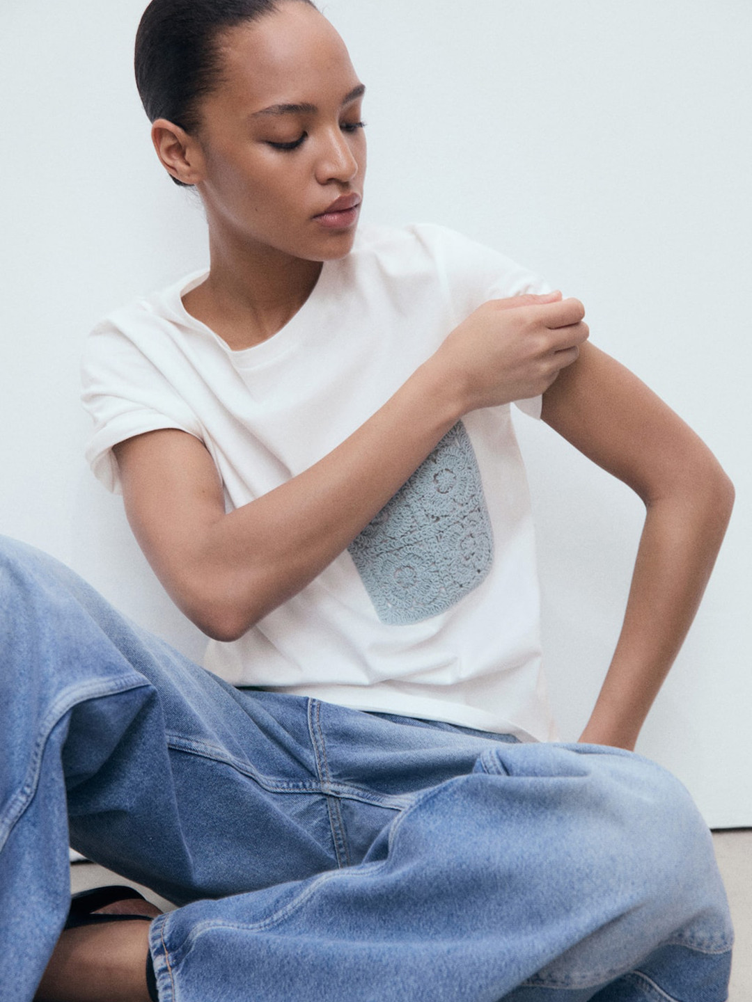 MANGO Women Pure Cotton Crochet Pocket T-shirt