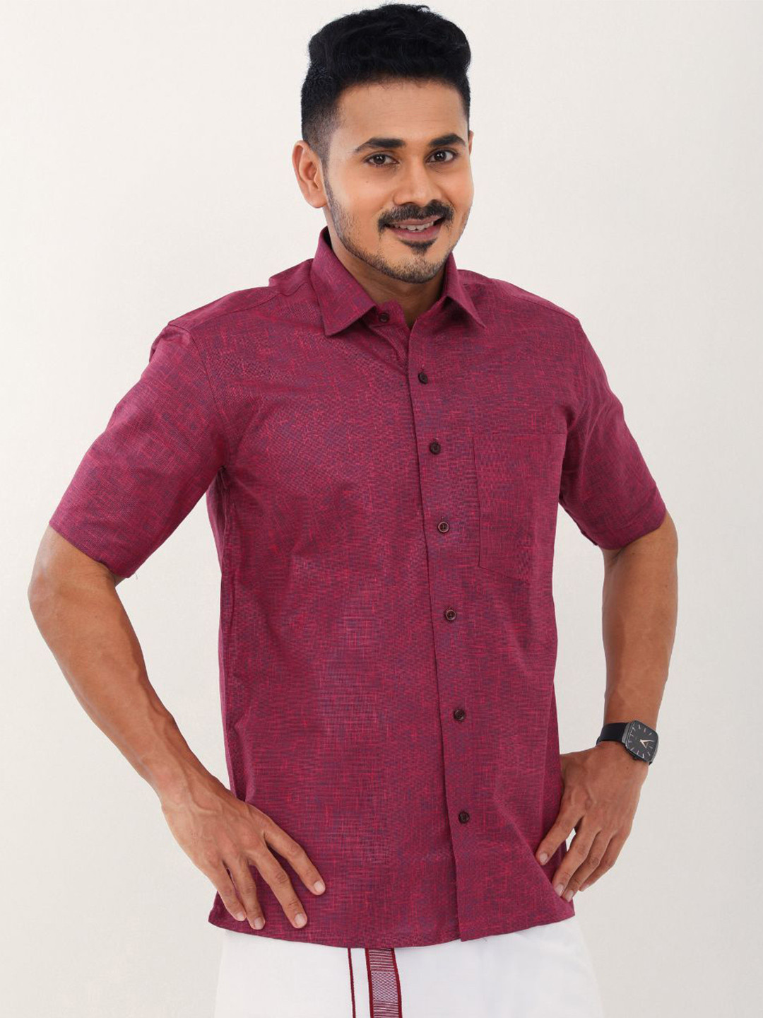 Ethazh Spread Collar Pocket Cotton Shirt