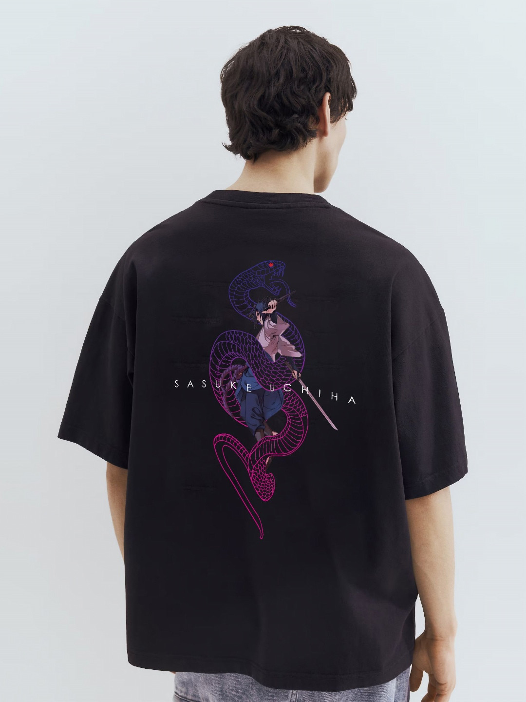 WHITE HUSK Sasuke Cursed Naruto Anime Printed Round Neck Cotton Oversized T-shirt