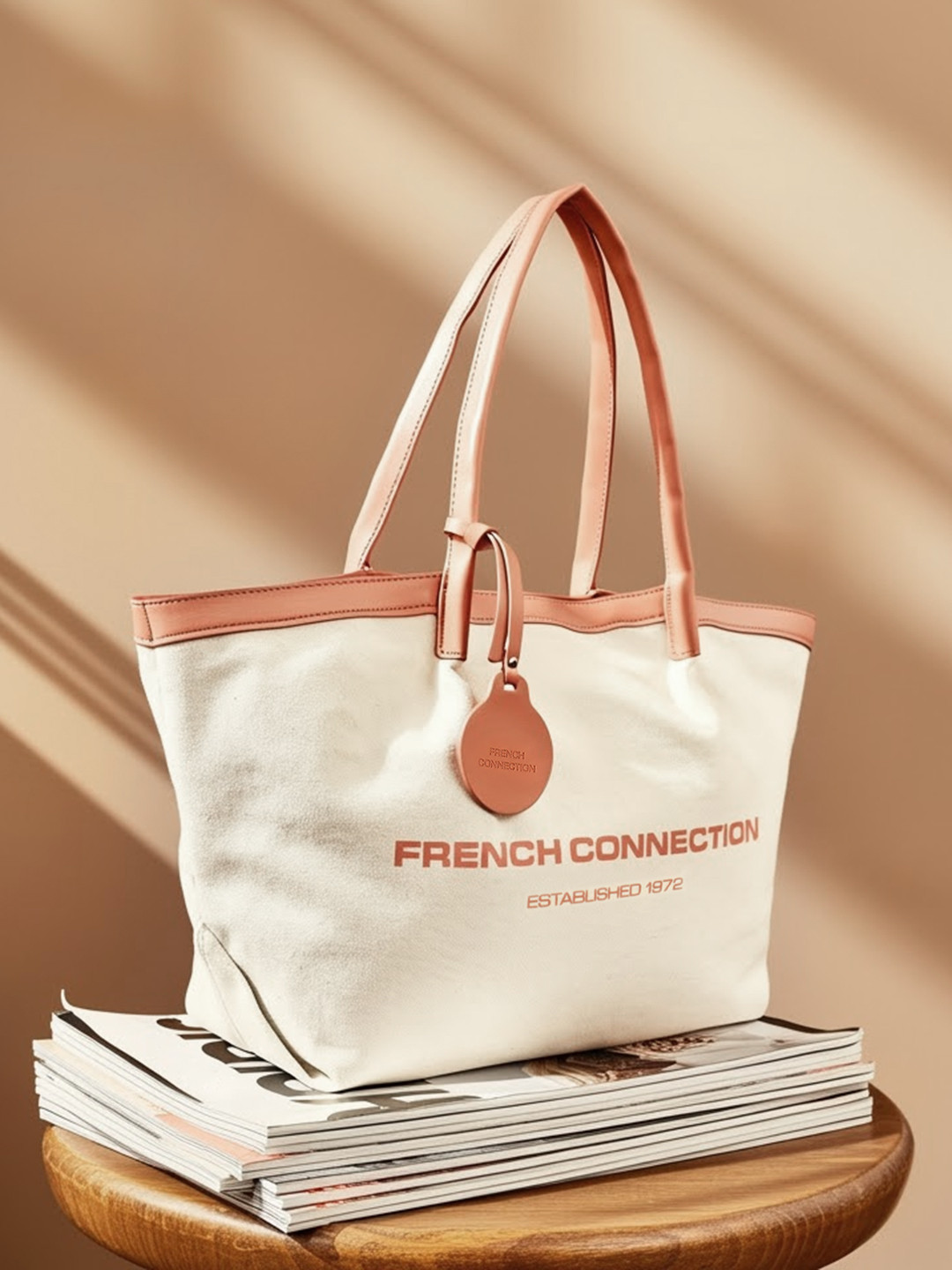 French Connection Brand Logo Printed Structured Shoulder Bag