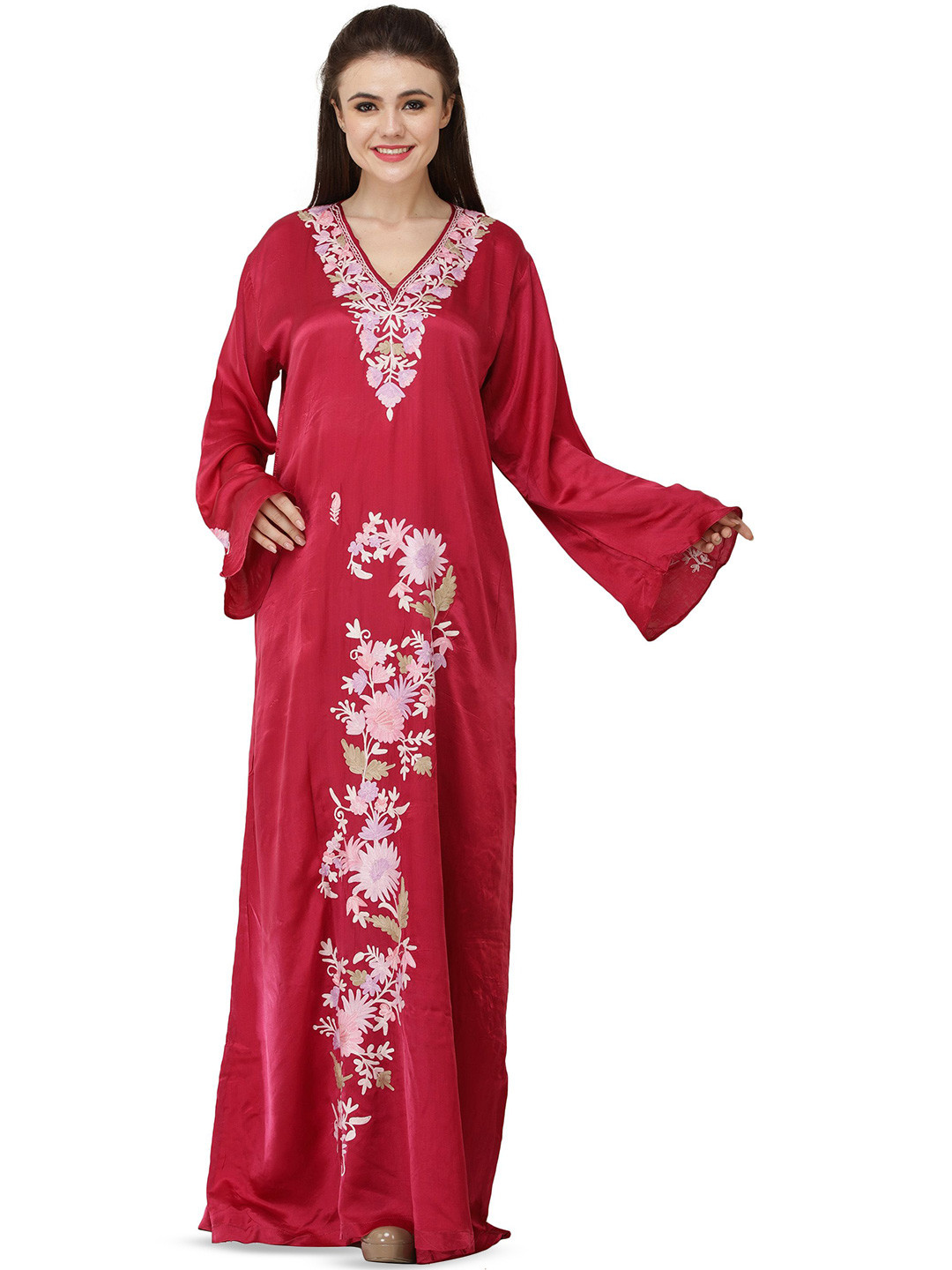 Exotic India Women Mauve-Rose Long Gown from Kashmir with Aari Embroidered Flowers
