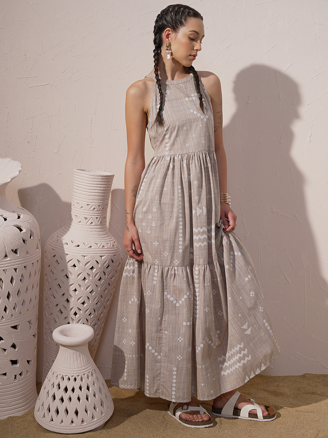 Vara By Vishudh Chambray Printed Tiered Maxi Dress