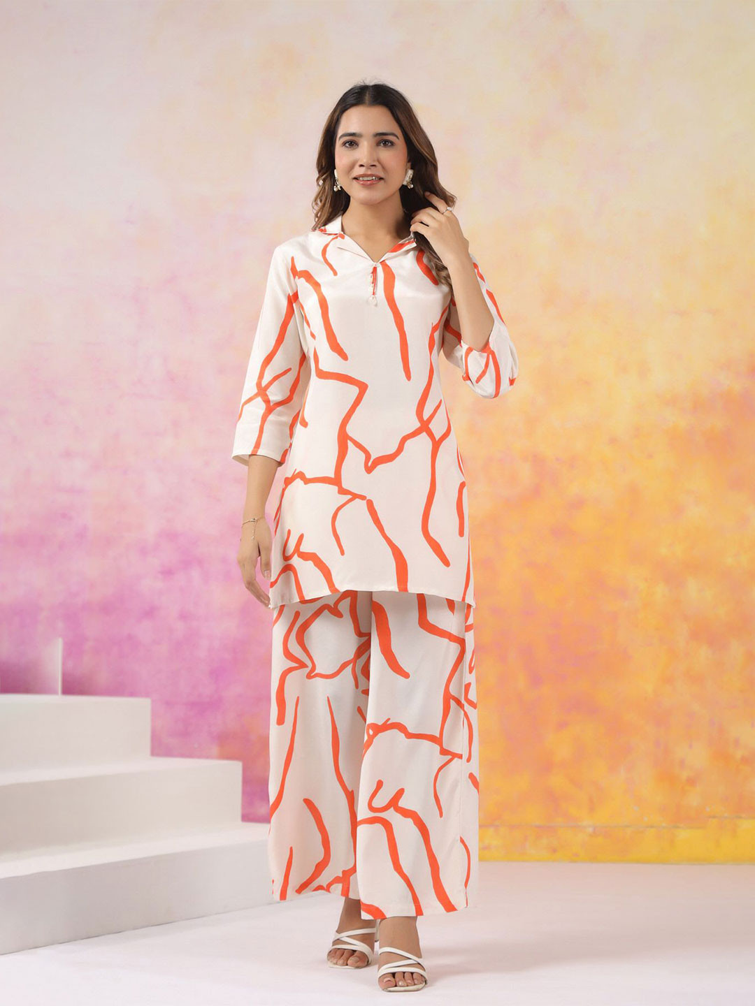 JISORA Women's Orange Printed Silk Top With Trousers Co-Ord Set