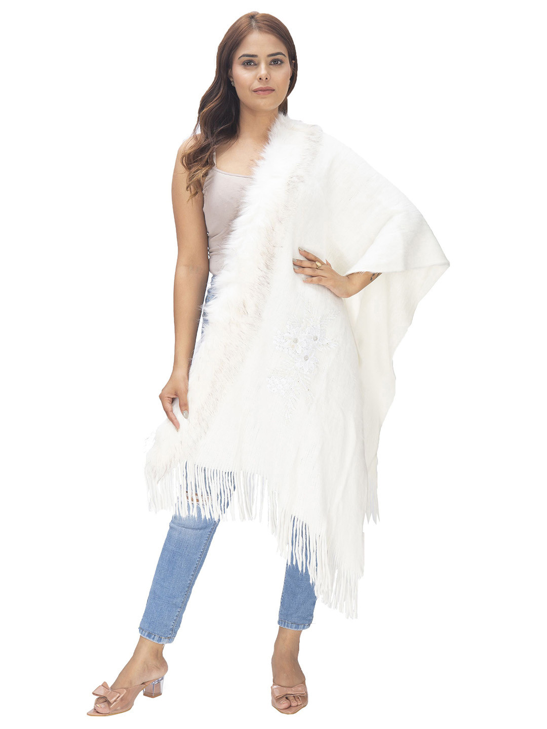 Manra Women Elegant Embroidered Embellished Wool Fringed Stole With Fur Ball Charms