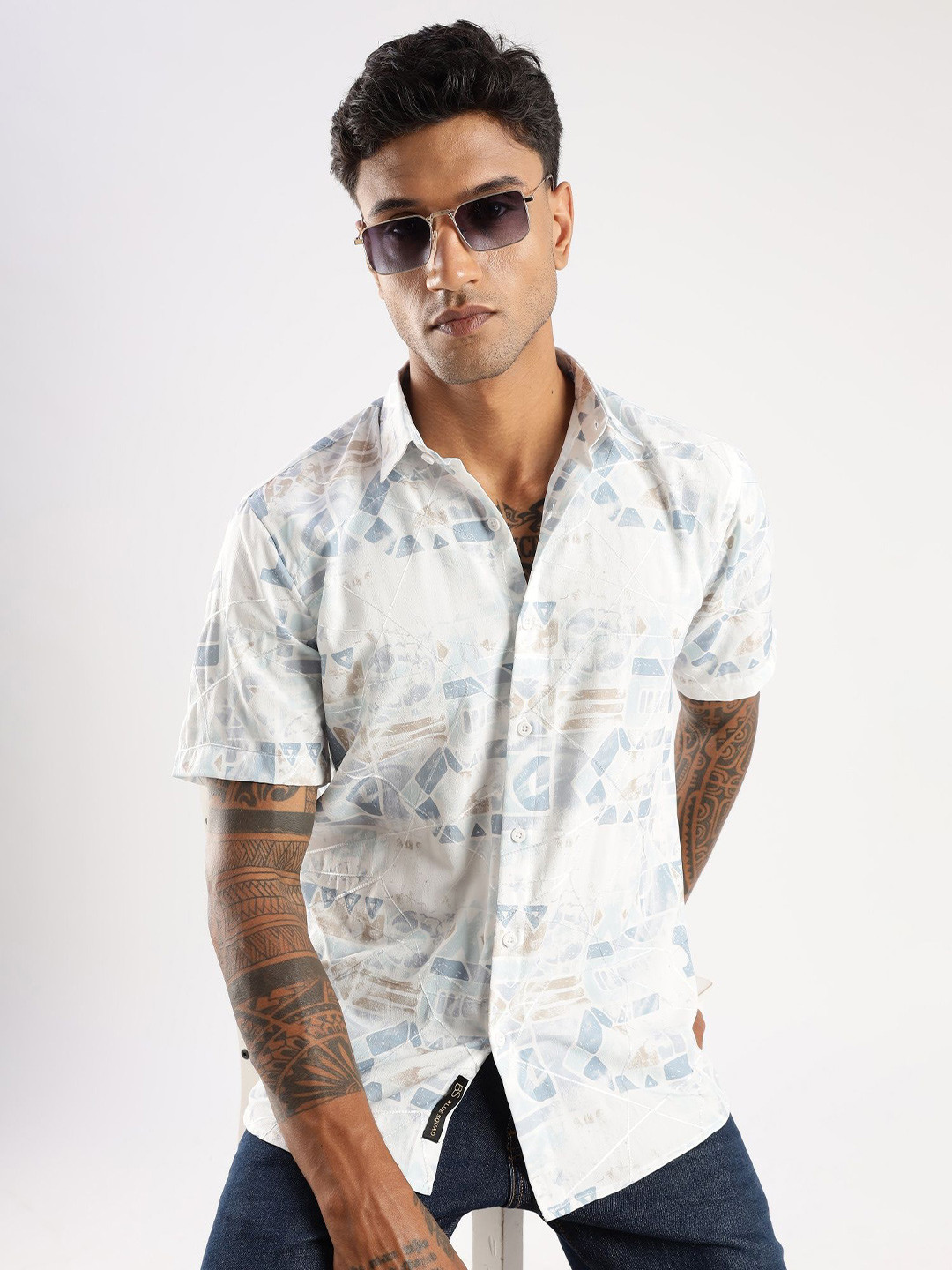 BS BLUE SQUAD Men Regular Fit Geometric Printed Casual Shirt