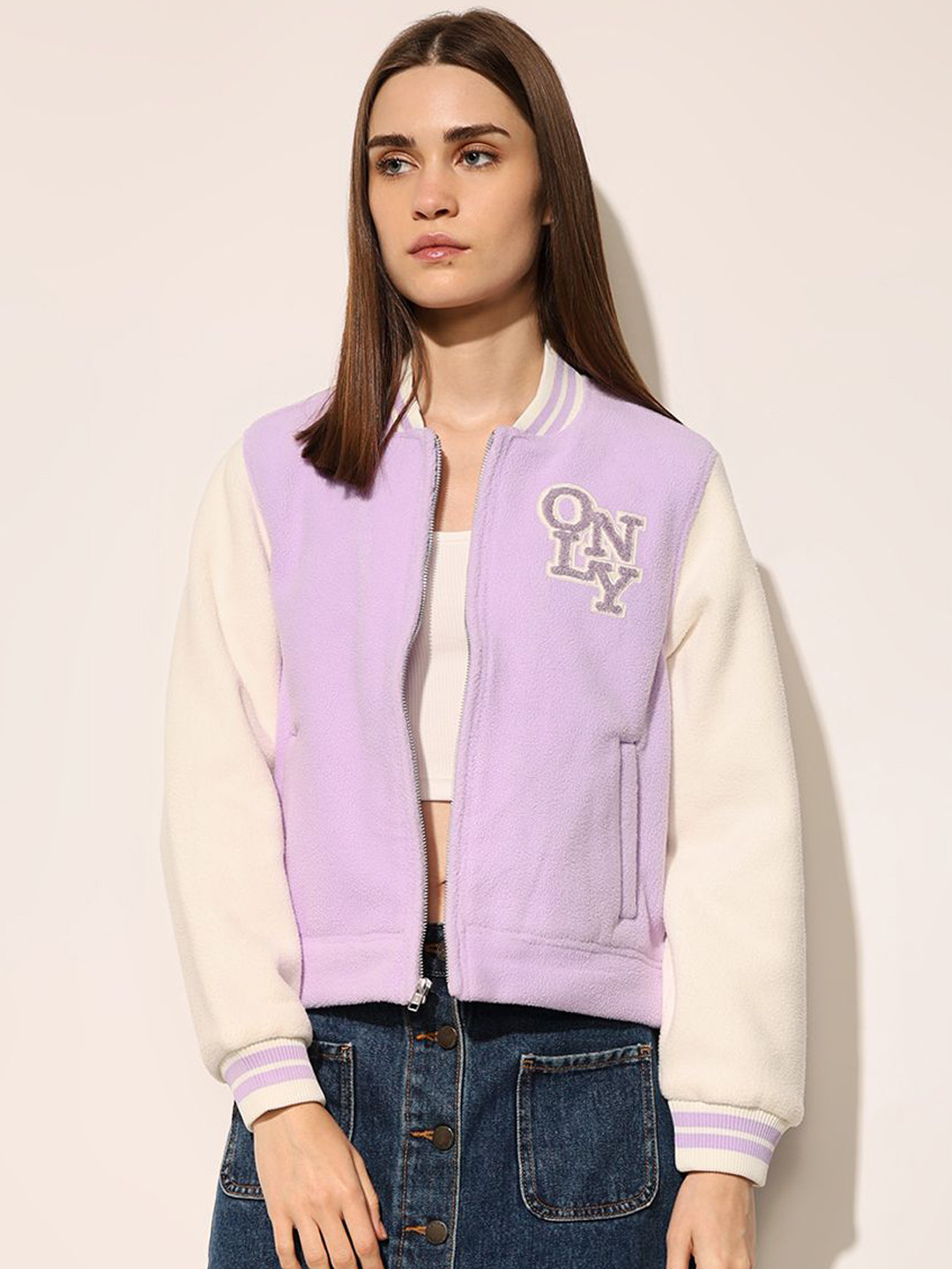 ONLY Women Stand Collar Brand Logo Fleece Varsity Jacket with Embroidered