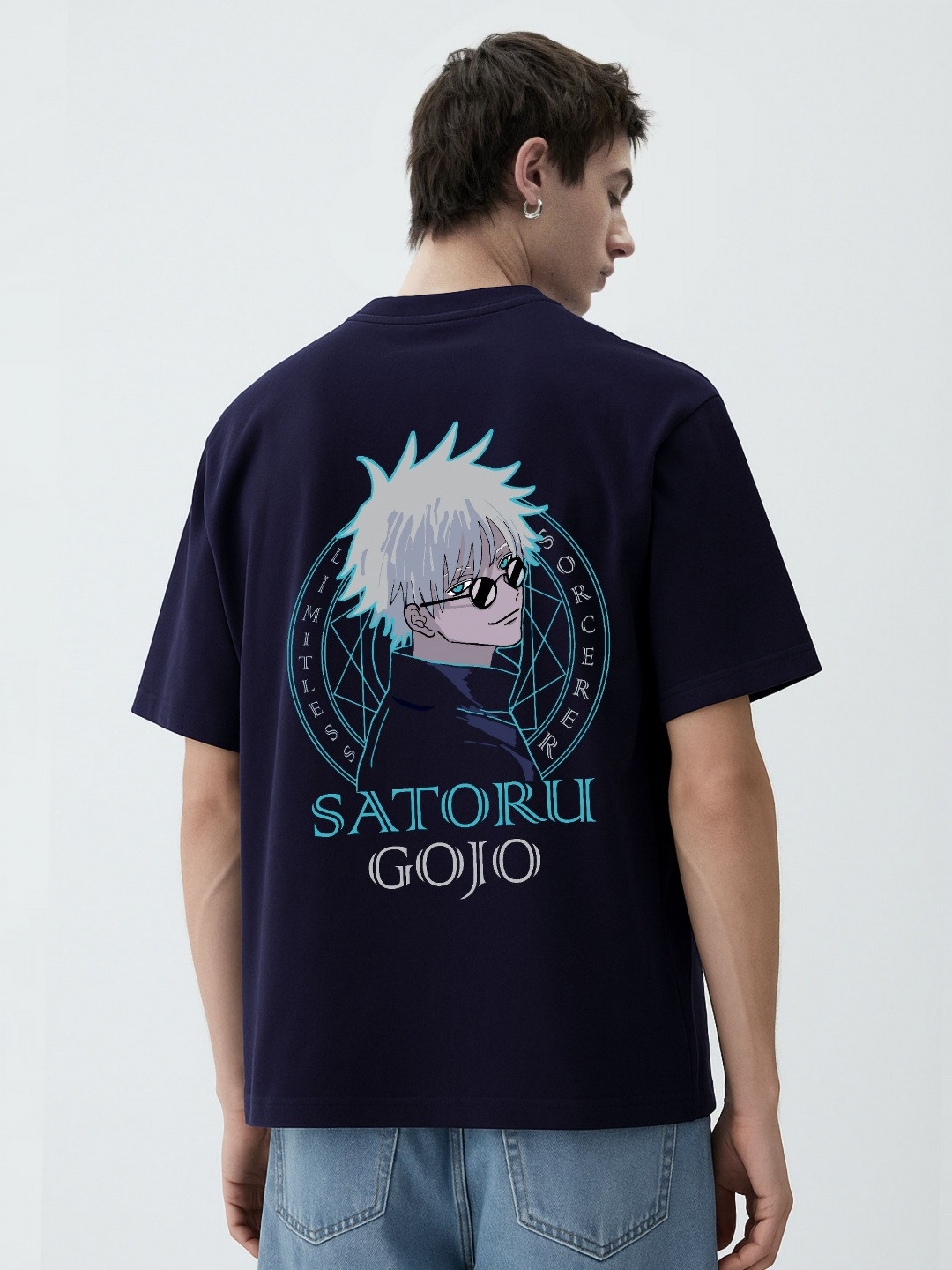 WHITE HUSK Gojo Satoru Jujutsu Kaisen Anime Printed Navy Oversized T-shirt