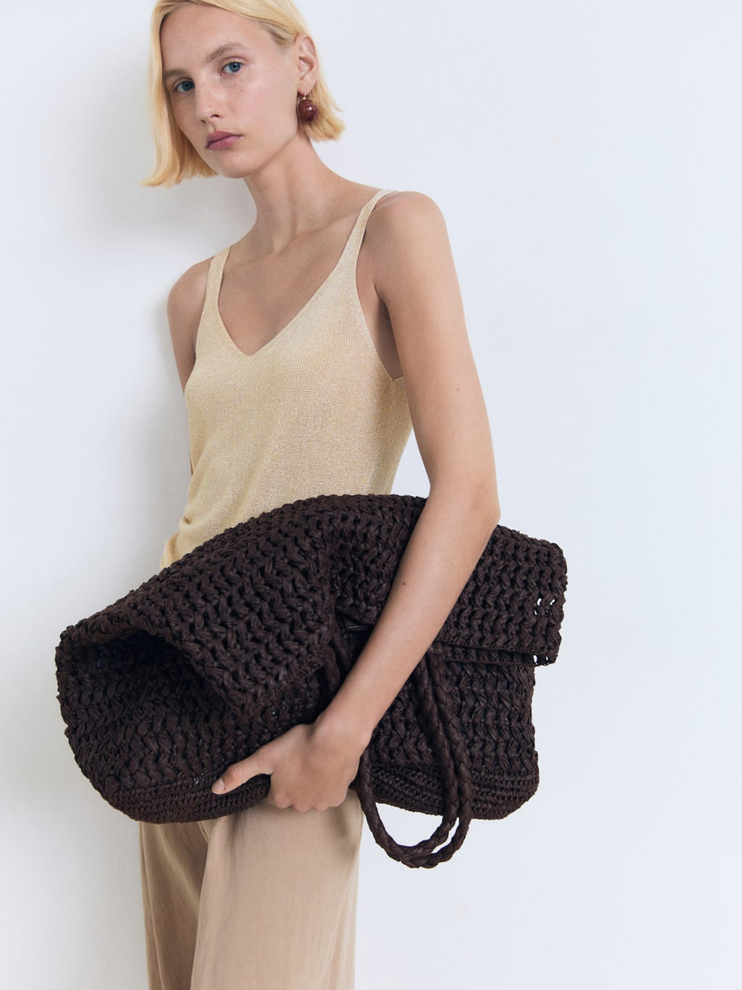 MANGO Lurex Finished Knitted Shoulder Strap V-Neck Regular Top