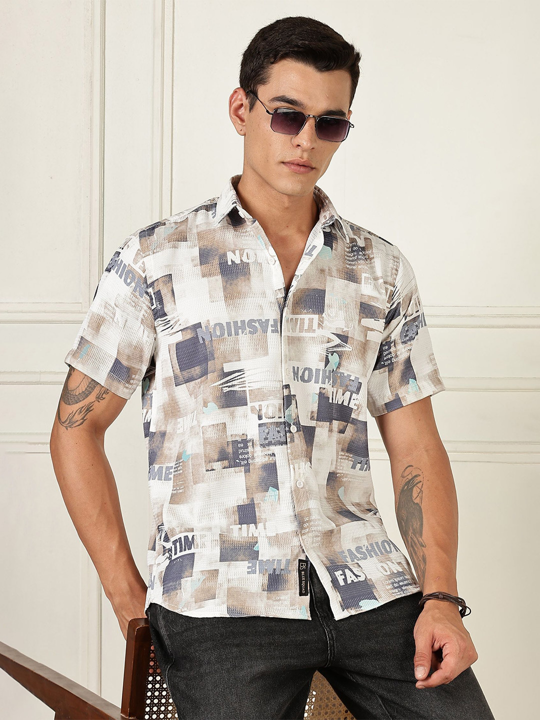 White Blue Brown Geometric Printed Casual Shirt