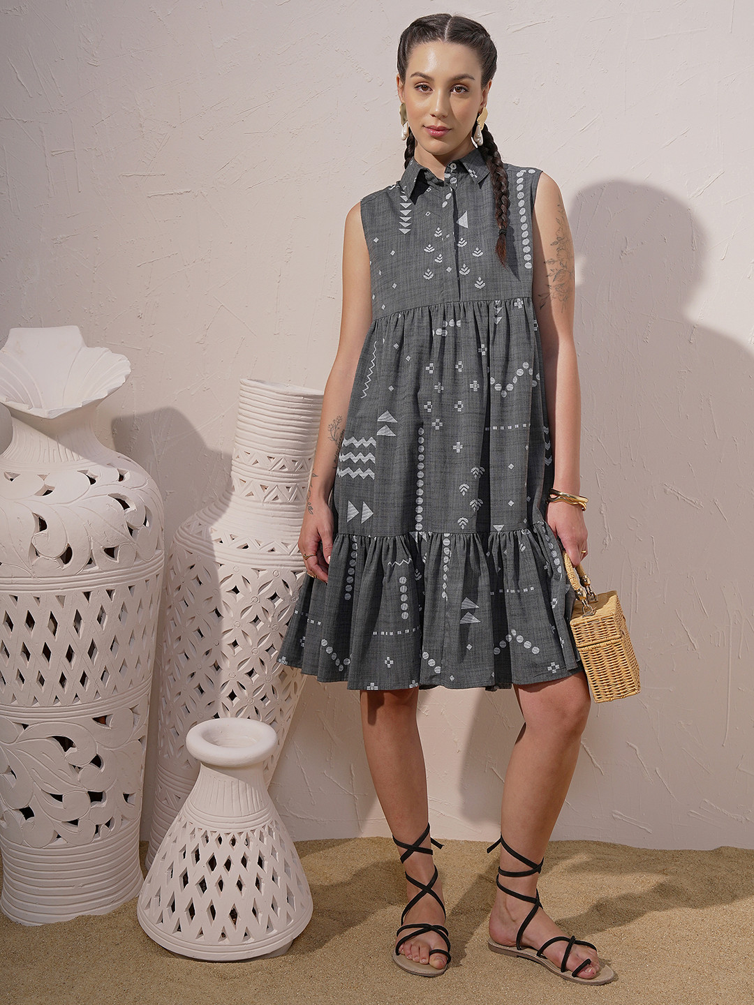 Vara By Vishudh Chambray Printed Tiered Short Dress