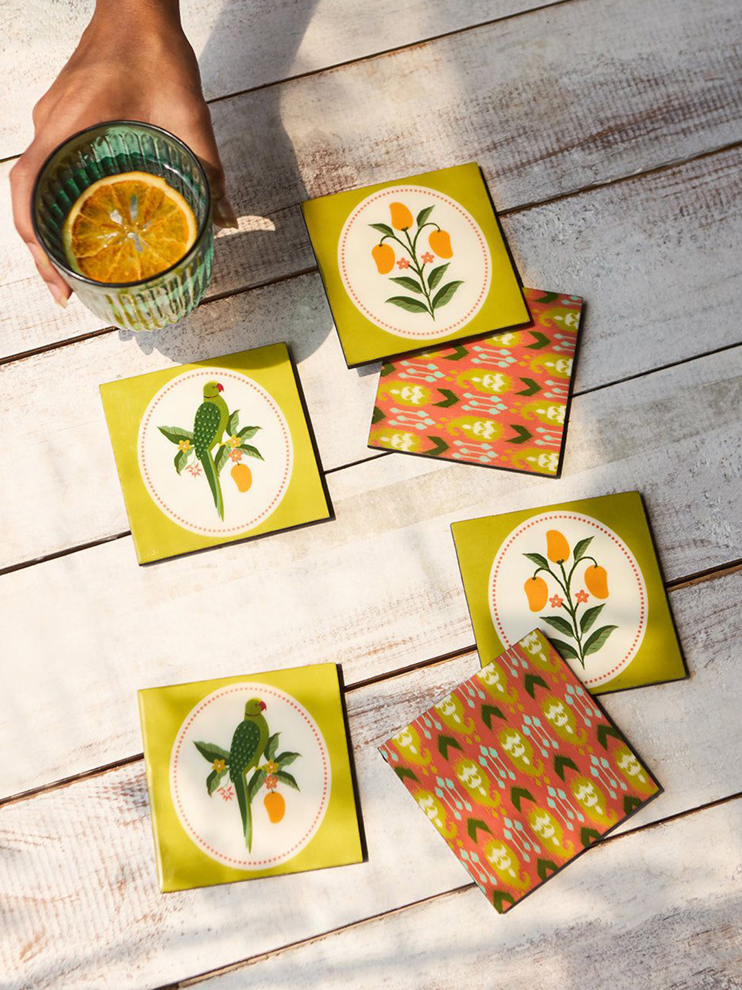 Chumbak Serenade 6-Pcs Yellow & Green Printed Wooden Coasters