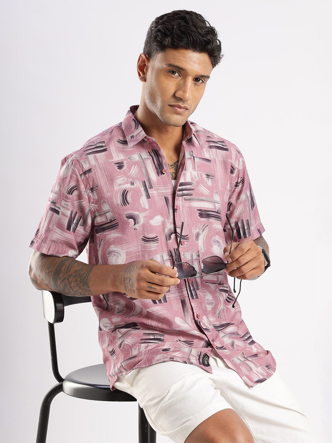 Pink Abstract Printed Regular Fit Casual Shirt